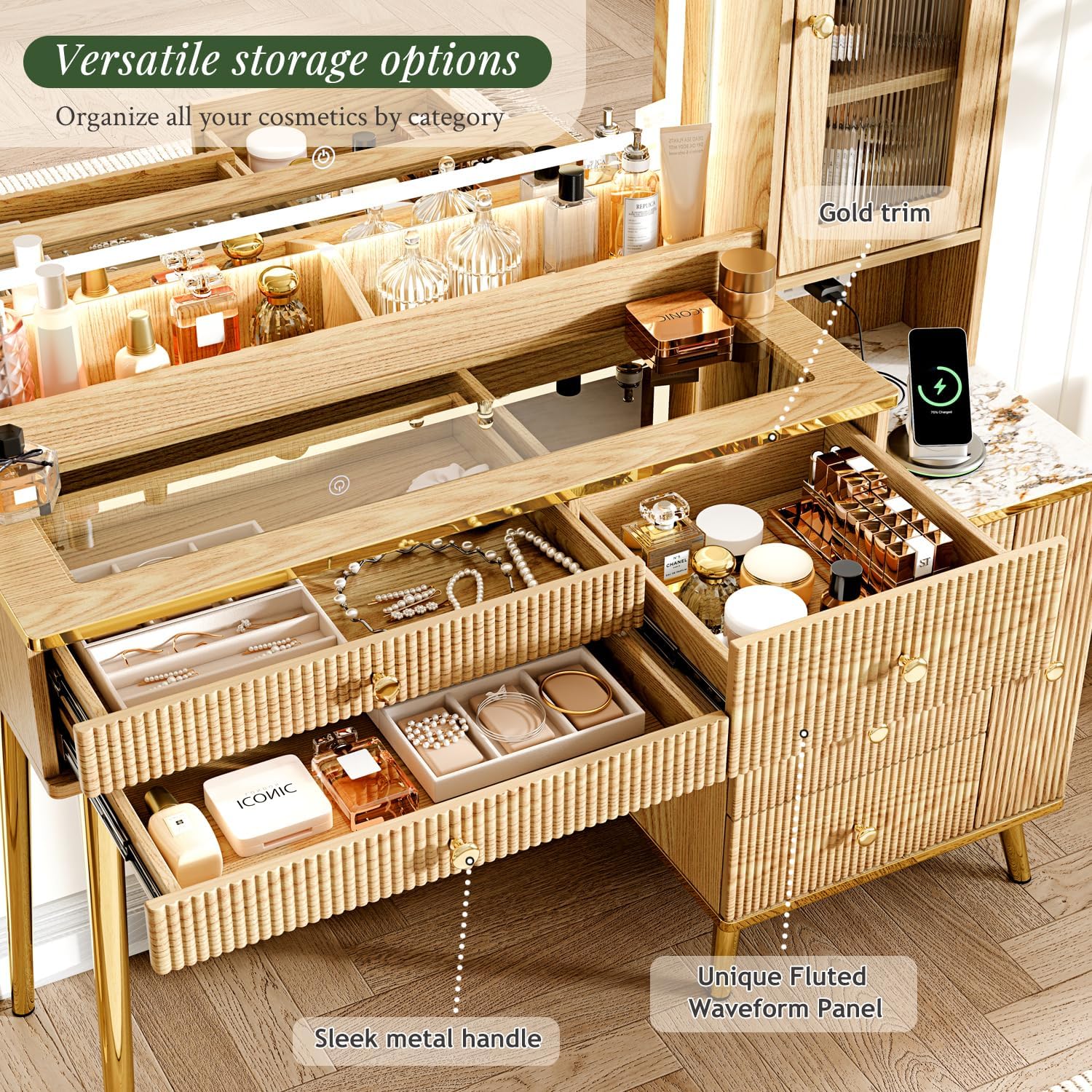 Arulvmrn Vanity Desk with 35.12' HD Lighted Mirror, 46.85' Big Modern Vanity Desk with Mirror and Lights, Makeup Vanity with 7 Drawers and Storage Shelves and Charging Station, Oak