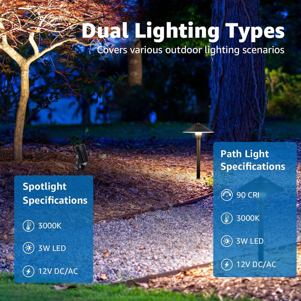 SUNVIE All-in-One LED Low Voltage Landscape Lighting Kit 6 Pathway Lights 2 Spotlights with 60W Photocell Transformer 100FT Wire for Path&Garden, Aluminum, ETL Listed, Dusk to Dawn, Waterproof, 3000K