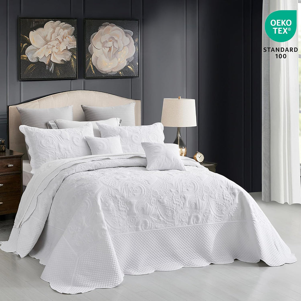 Oversized King Bedspread, Paisley Pattern Design, Lightweight Bedding Cover, Reversible, 5 Piece, 100% Microfiber, Pure White