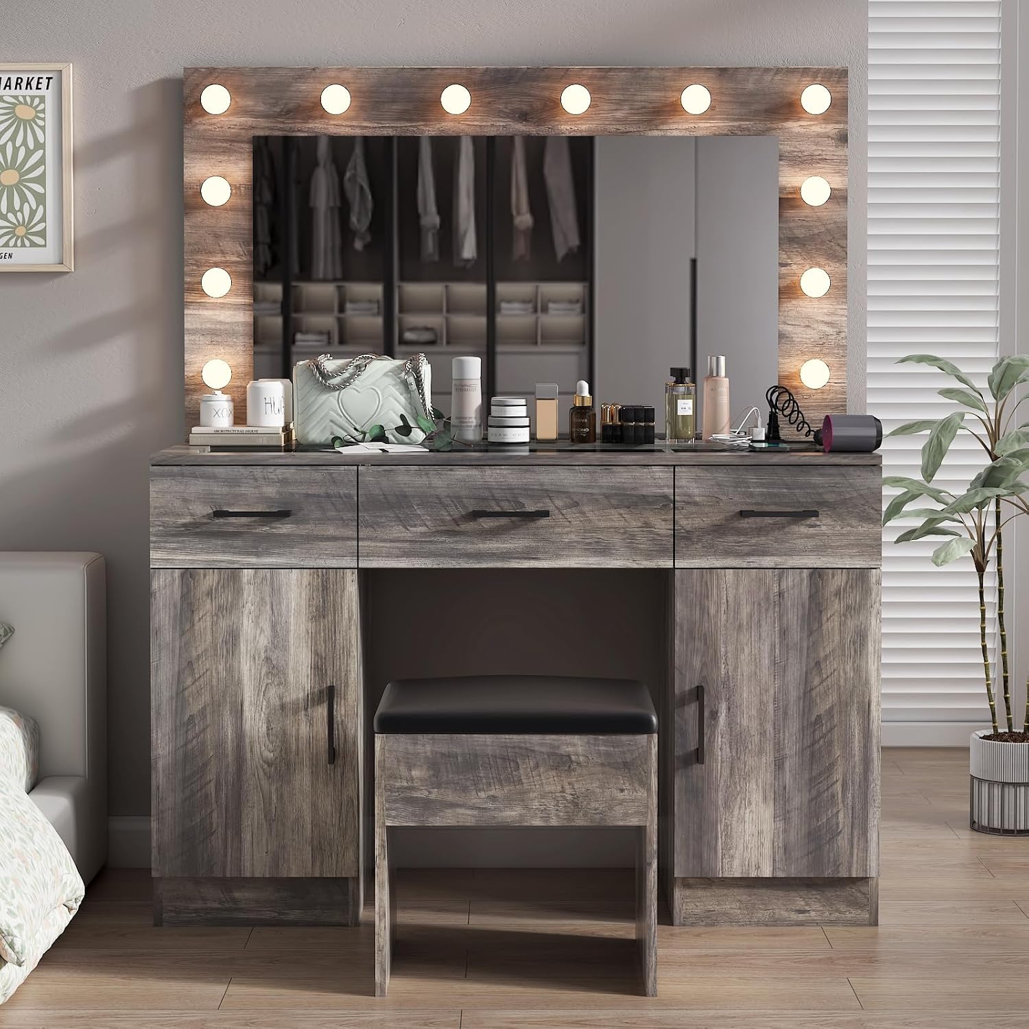 VINGLI Vanity Desk with LED Lighted Mirror & Padded Stool, Makeup Table with Drawers & Cabinets & Power Outlet & Glass Top & 12 Light Bulbs with 3 Colors for Dressing Room Bedroom, Grey