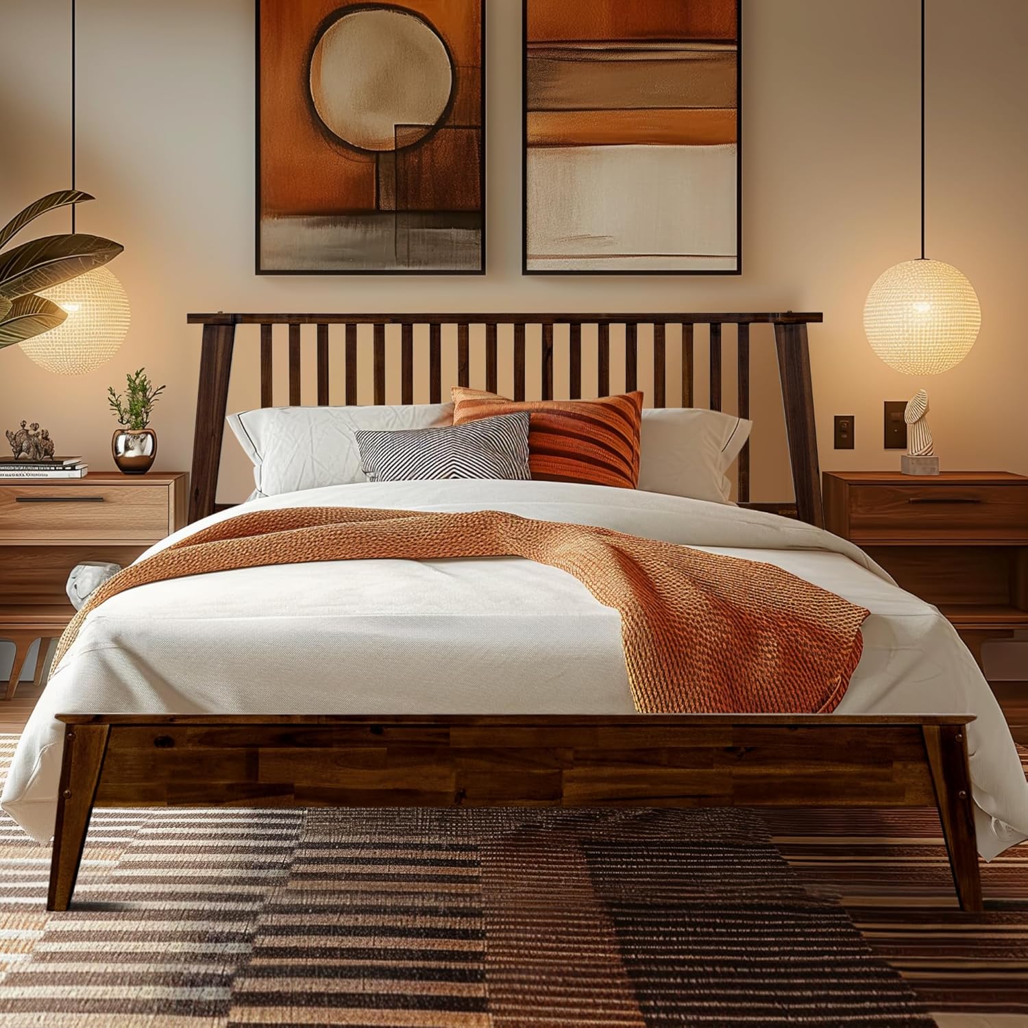 Acacia Kaylin Queen Size Bed Frame with Headboard, Queen Bed Frame with Headboard 800 lbs Capacity Natural Wood Bed All Mattress Support & No Box Spring Needed, Wood Slats Support, Chocolate.