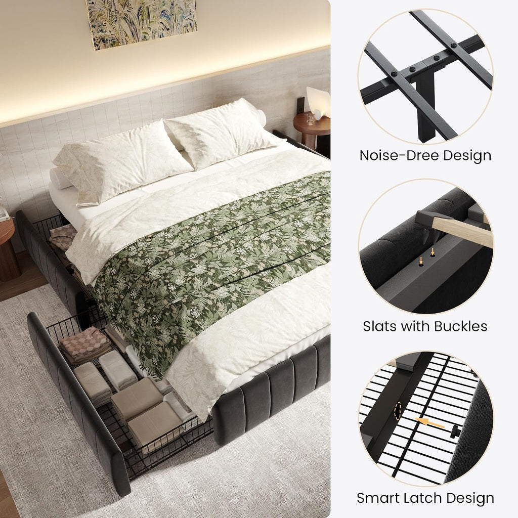 SHA CERLIN King Size Velvet Upholstered Platform Bed Frame with 4 Storage Drawers, Vertical Channel Tufted, Low Profile, Fits Standard Headboards, Wooden Slats Support, Easy Assembly, Black