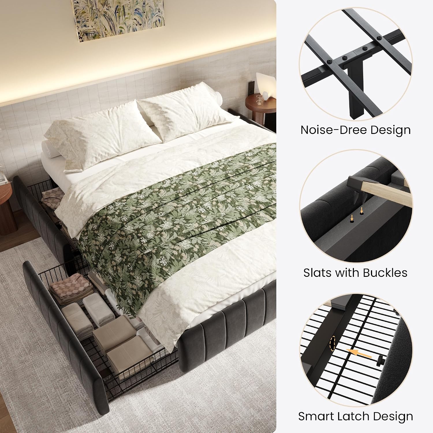 SHA CERLIN King Size Velvet Upholstered Platform Bed Frame with 4 Storage Drawers, Vertical Channel Tufted, Low Profile, Fits Standard Headboards, Wooden Slats Support, Easy Assembly, Black