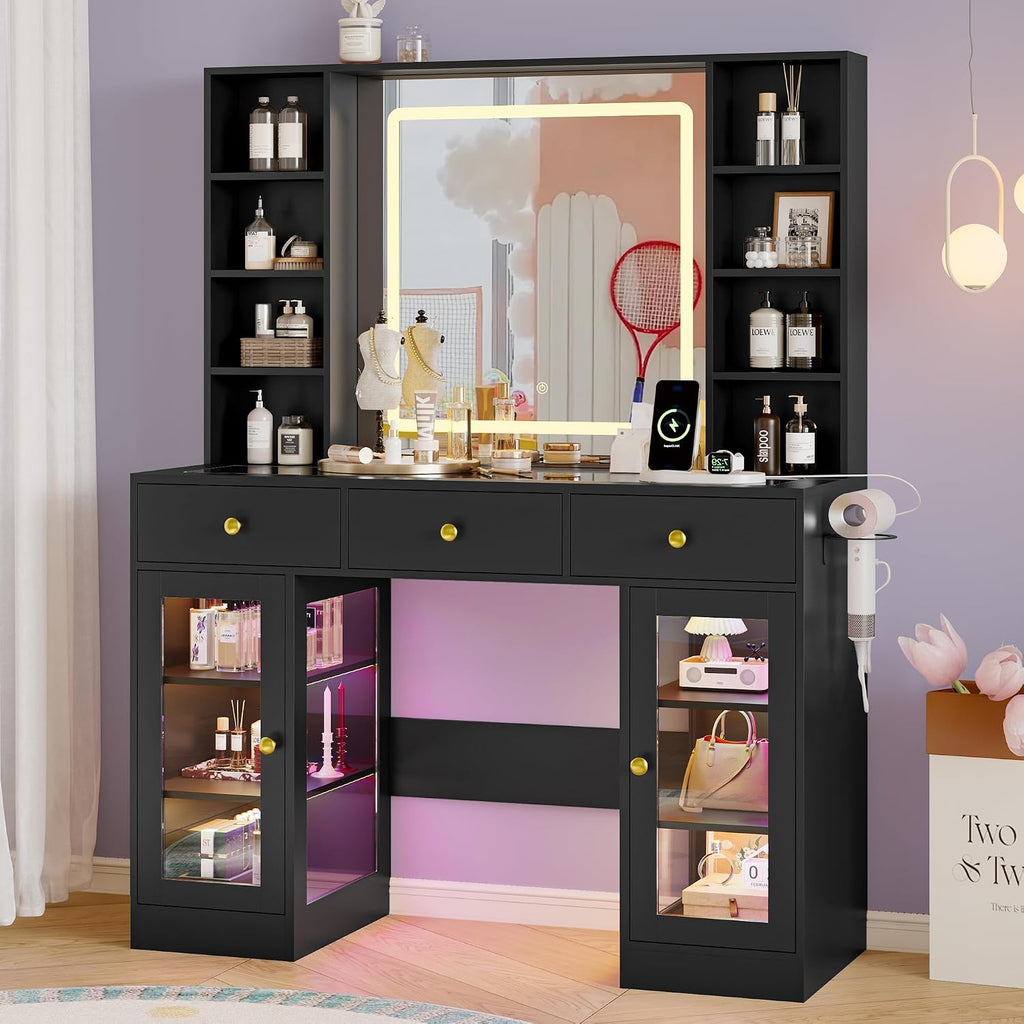 Makeup Vanity Desk with Mirror and Lights, 43' Black Vanity with Glass Top, Jewelry Storage, 3 Drawers & Glass Cabinets, Power Outlet & Adjustable LED Lights, Dressing Table for Women & Girls Bedroom