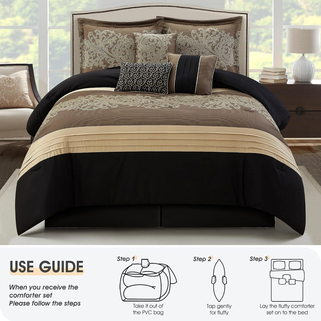 LANCO MODERN LIFESTYLE Black Gold Comforter Set, King, Damask Jacquard with Matching Solid Piece Work, 7 Piece Soft Bedding Set for All Season, Bed Skirt, Pillow Shams and Decorative Pillows