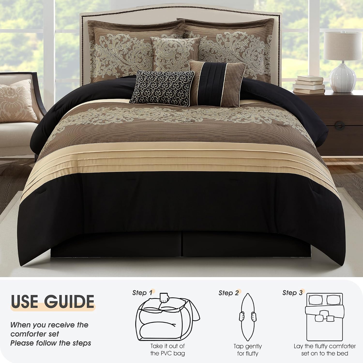 LANCO MODERN LIFESTYLE Black Gold Comforter Set, King, Damask Jacquard with Matching Solid Piece Work, 7 Piece Soft Bedding Set for All Season, Bed Skirt, Pillow Shams and Decorative Pillows