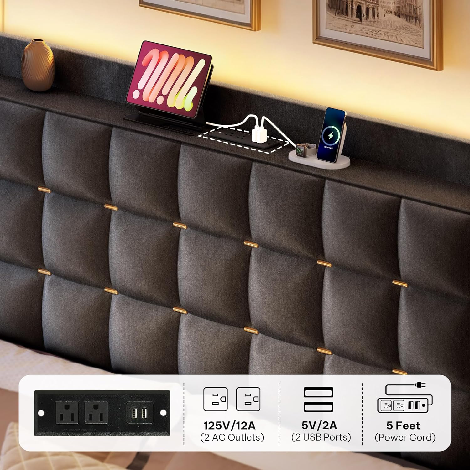 YITAHOME Queen Size Bed Frame with 4 Drawers and RGB LED Lights, Velvet Upholstered Platform Bed with Charging Station and Storage Headboard, No Box Spring Needed, Easy Assembly, Noise-Free, Grey