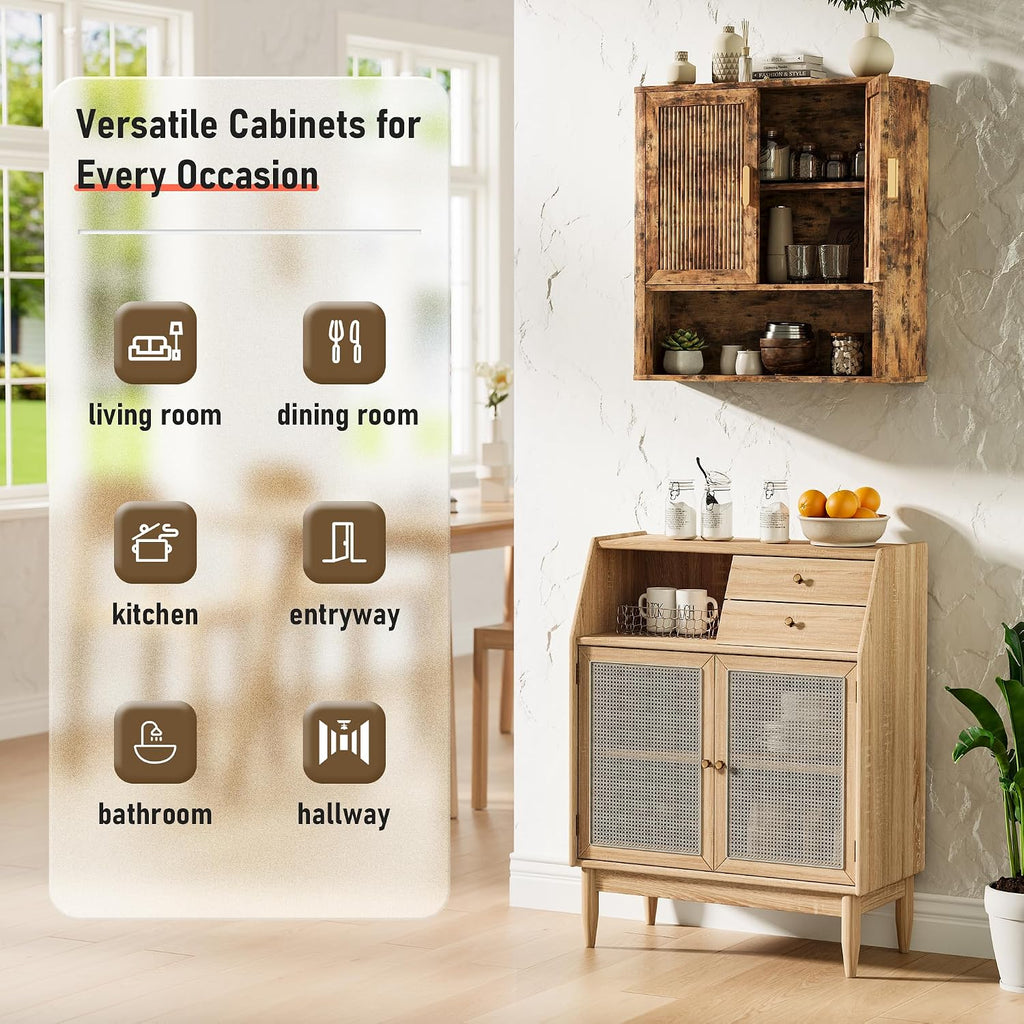 INNOD Bathroom Wall Cabinet, Wall-Mounted Medicine Cabinet with Adjustable Wood Shelf & Doors, Floating Bathroom Cabinet Over Toilet for Laundry Room & Kitchen & Living Room (Retro)