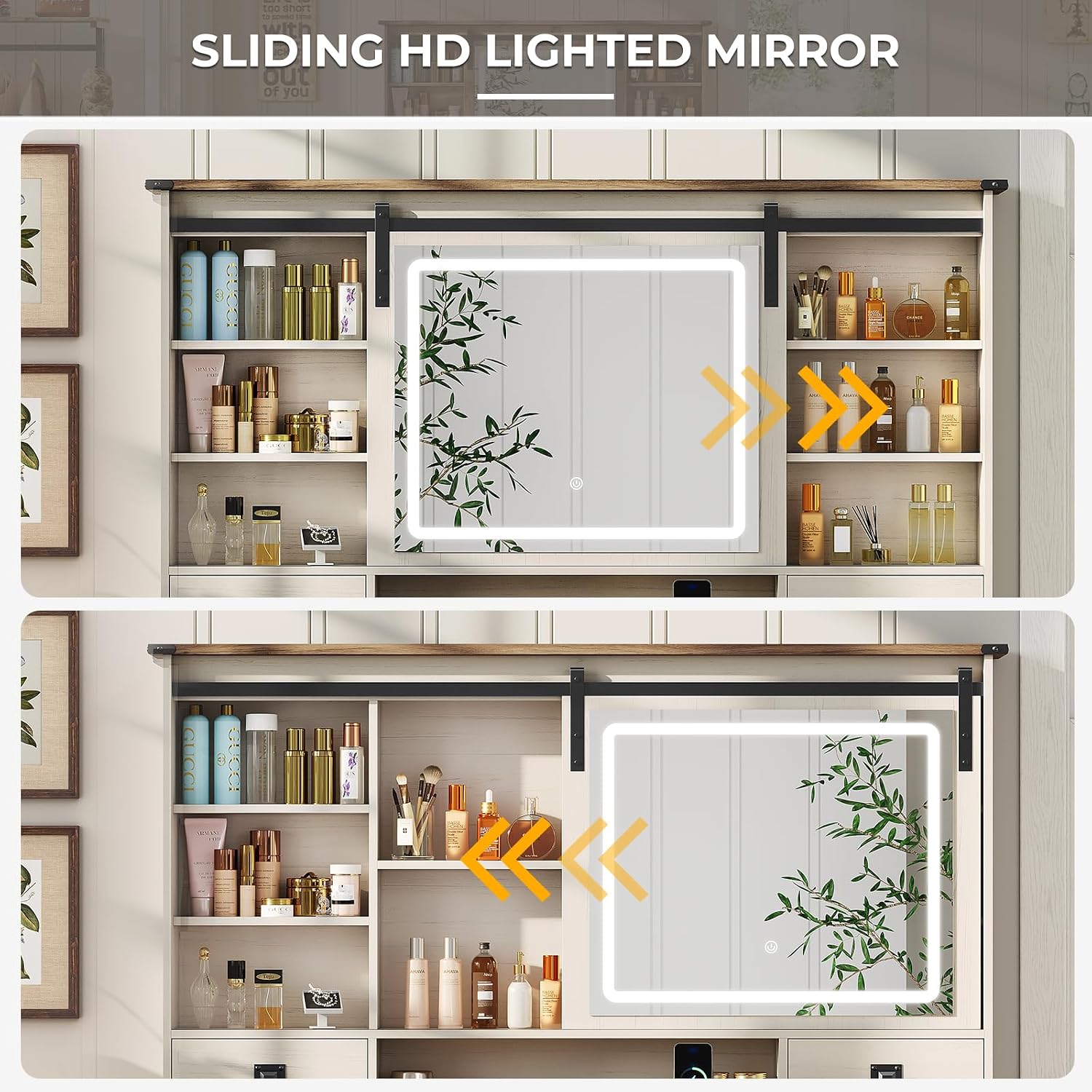 MSmask Farmhouse Makeup Vanity Desk with Sliding Mirror and Lights, 47.2' Big Vanity Table with Charging Station, Makeup Desk with 5 Drawers & 2 Cabinets, White