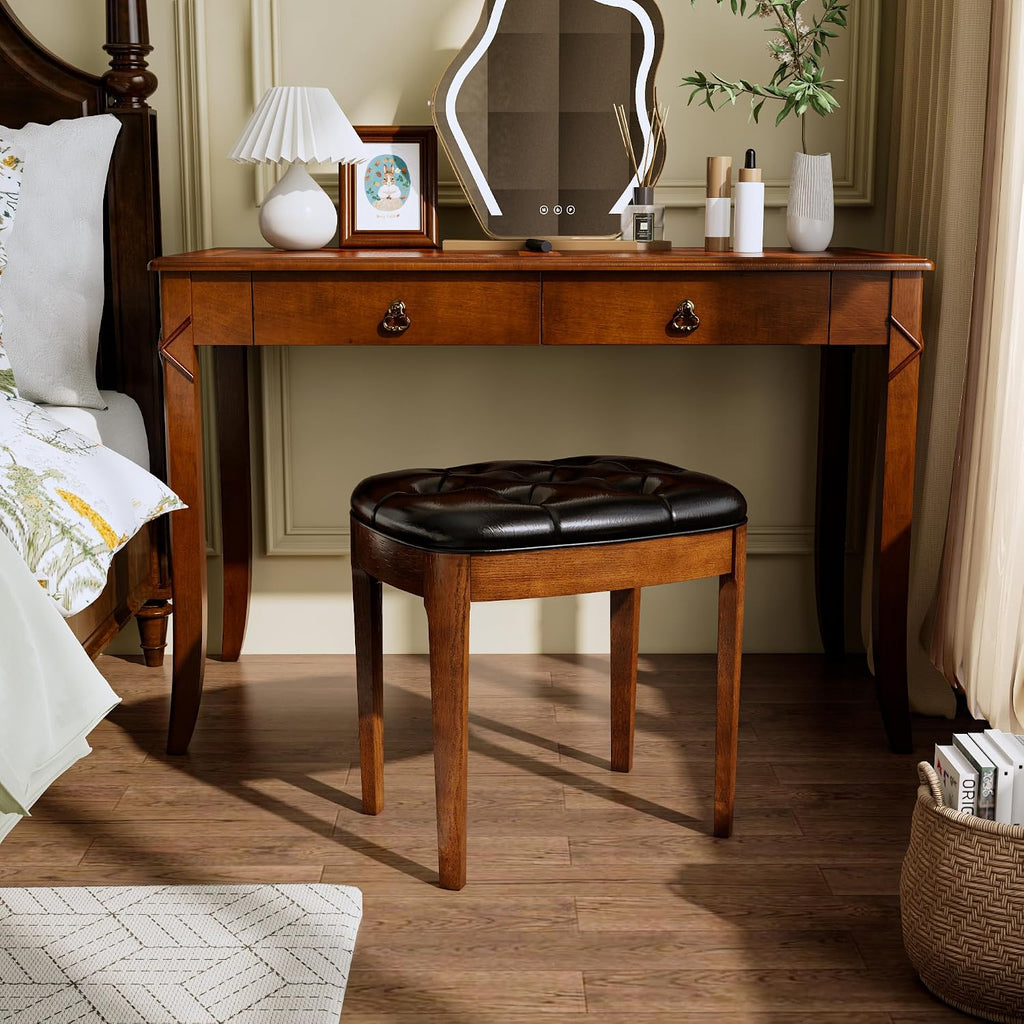Vanity Stool with Padded Cushion, Vanity Bench with Wood Legs, Piano Bench Seat with with Solid Wood Legs, Backless Vanity Stool for Makeup Room, Bedroom, Dining Room and Study Room, Black