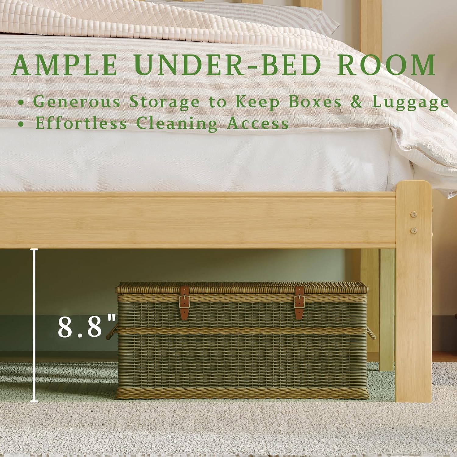 12 in High Solid Bamboo Wood King Size Bed Frame with Headboard, Platform Bed Frame King, Heavy Duty, No Box Spring Needed, Nosie Free