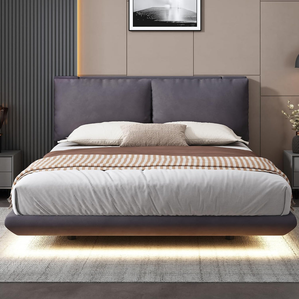 Ball & Cast Queen Size Floating Bed Frame,Velvet Upholstered Platform Bed with Sensor Light and 2 Large Backrests,Two Sets of USB Port,Slat Support,No Box Spring Needed,for Apartment,Bedroom,Gray