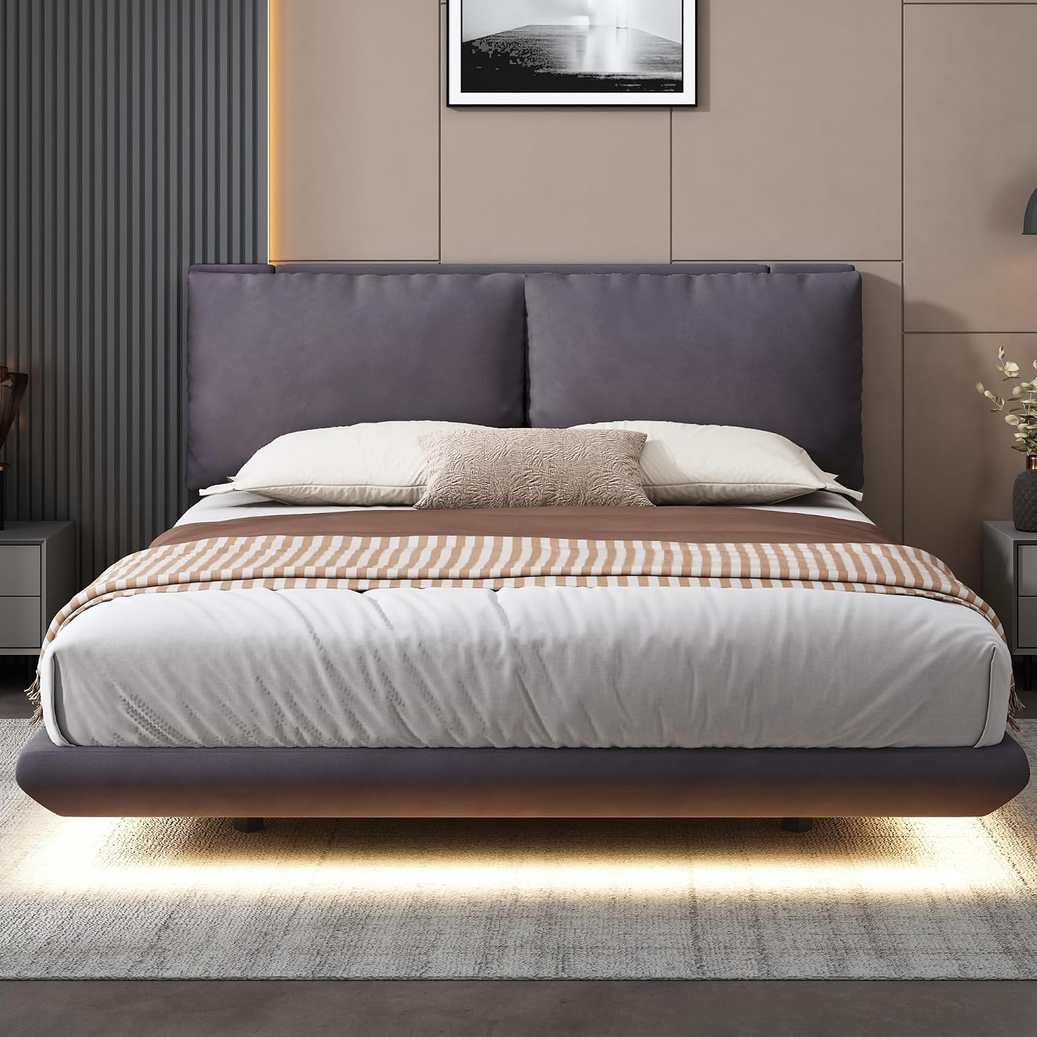 Ball & Cast Queen Size Floating Bed Frame,Velvet Upholstered Platform Bed with Sensor Light and 2 Large Backrests,Two Sets of USB Port,Slat Support,No Box Spring Needed,for Apartment,Bedroom,Gray
