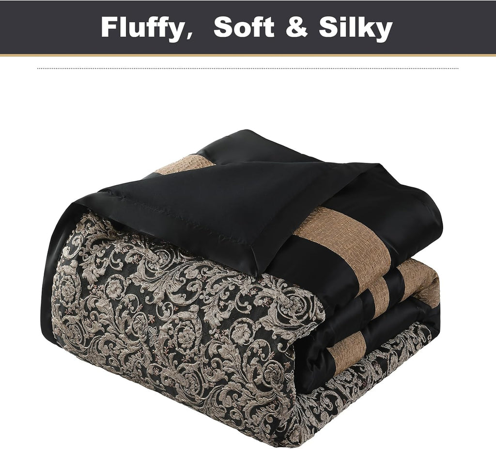 PANGUSHAN 7 Pieces Comforter Set King Size, Luxury Silky Elegant Jacquard Fluffy Reversible Bedding Set with Bed Skirt, Shams and Pillows, Bed in a Bag King, Down Alternative, Black/Gold