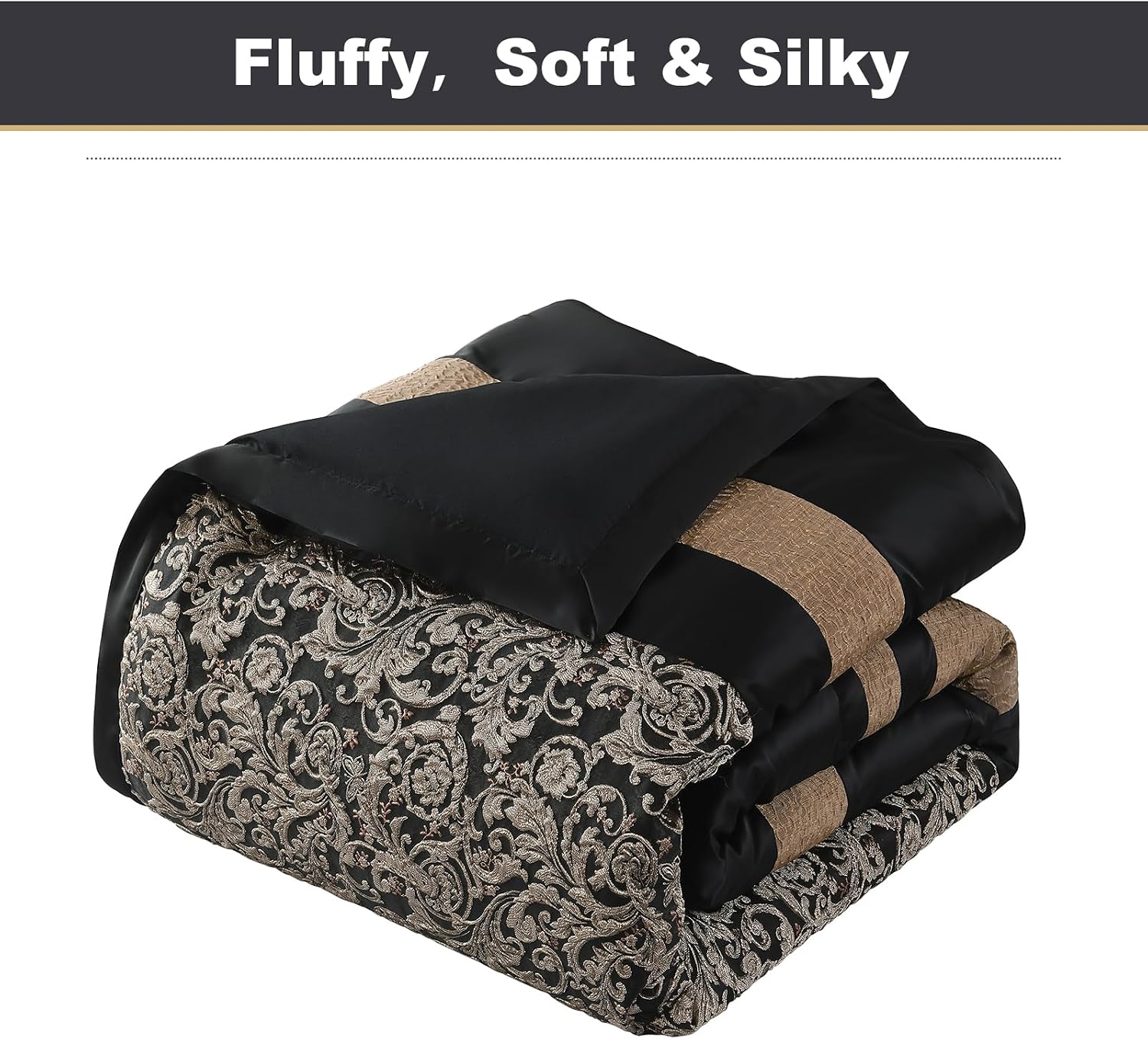 PANGUSHAN 7 Pieces Comforter Set King Size, Luxury Silky Elegant Jacquard Fluffy Reversible Bedding Set with Bed Skirt, Shams and Pillows, Bed in a Bag King, Down Alternative, Black/Gold