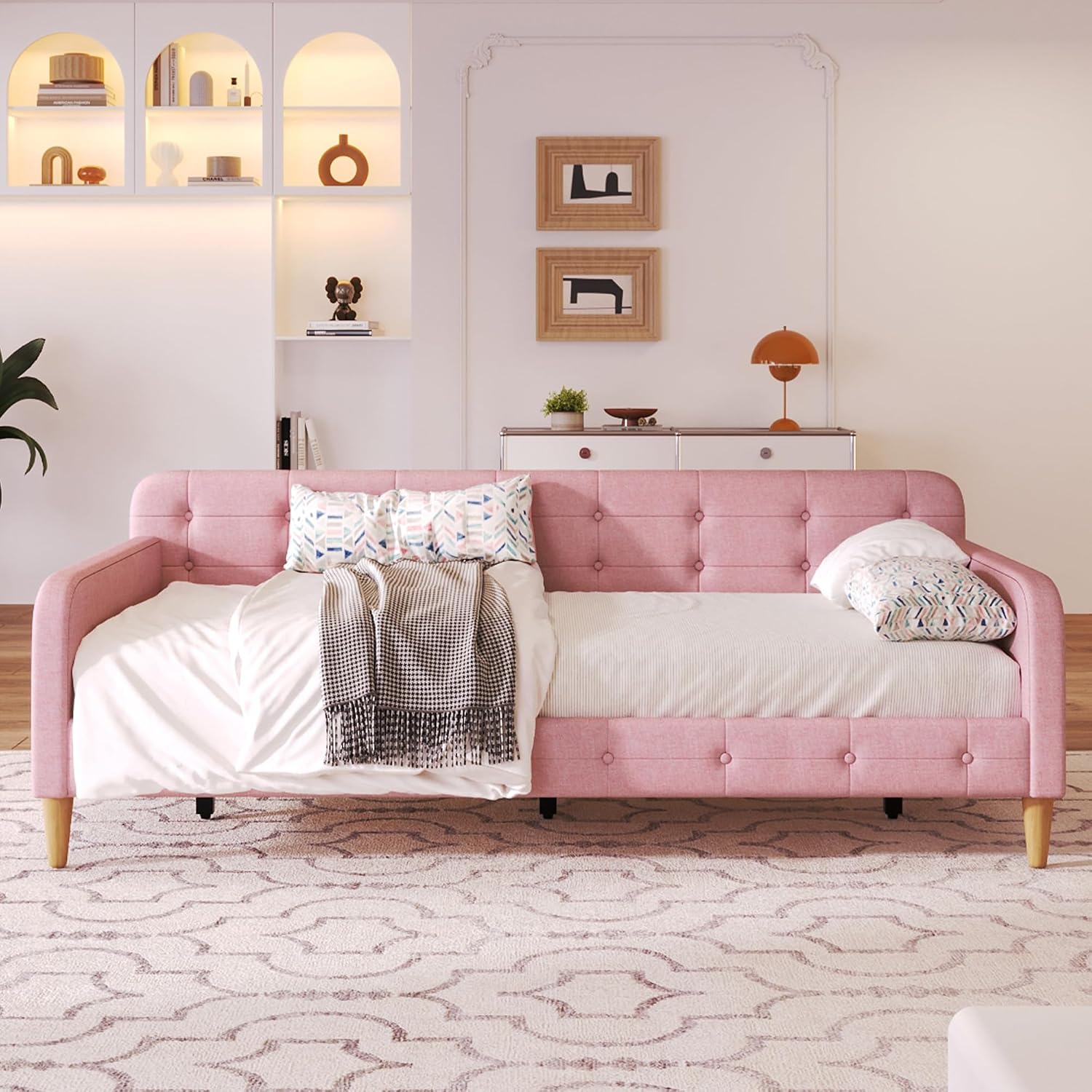 Merax 79' Twin Size Linen Upholstered Daybed with 4 Wood Legs, Pink