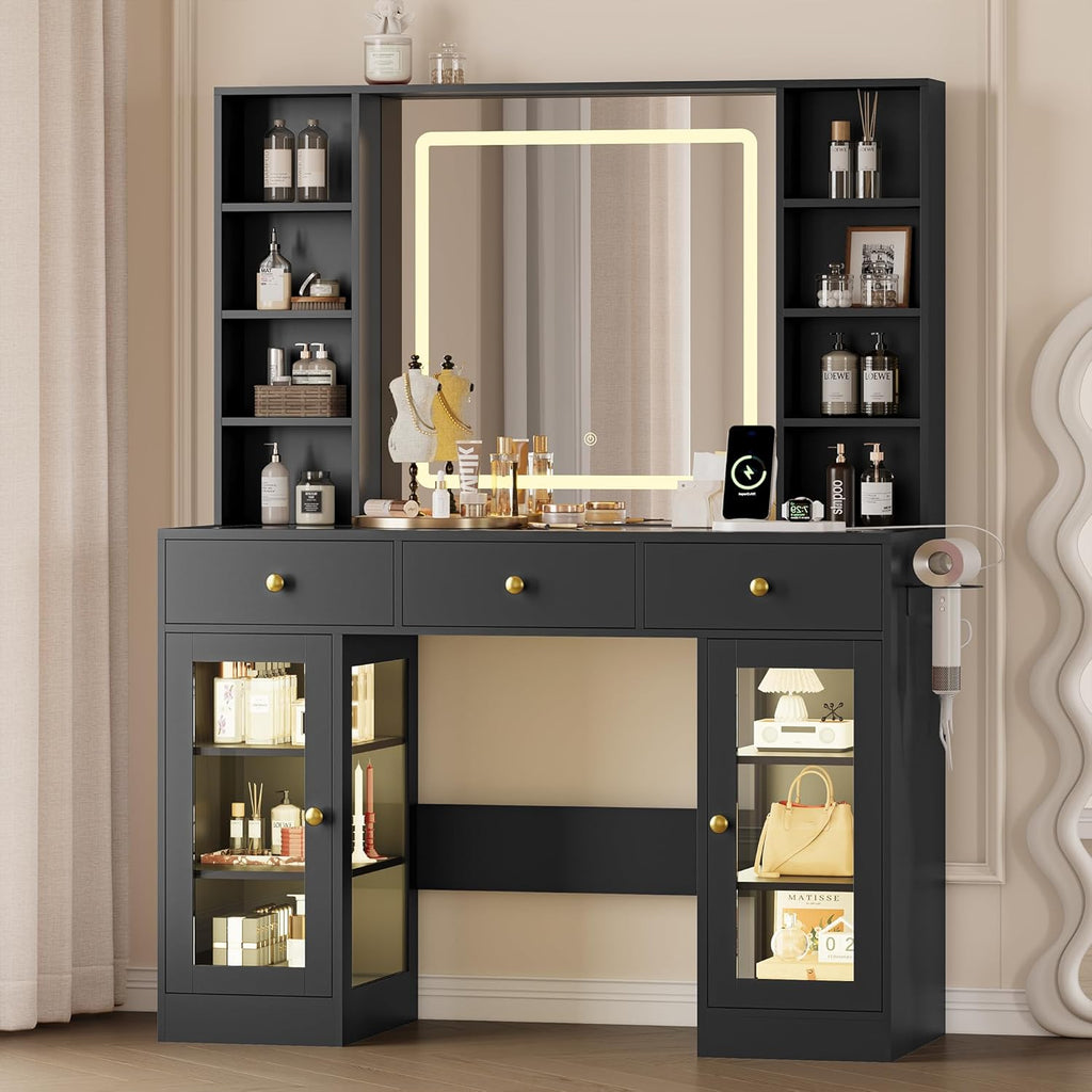 Makeup Vanity Desk with Mirror and Lights, 43' Black Vanity with Glass Top, Jewelry Storage, 3 Drawers & Glass Cabinets, Power Outlet & Adjustable LED Lights, Dressing Table for Women & Girls Bedroom