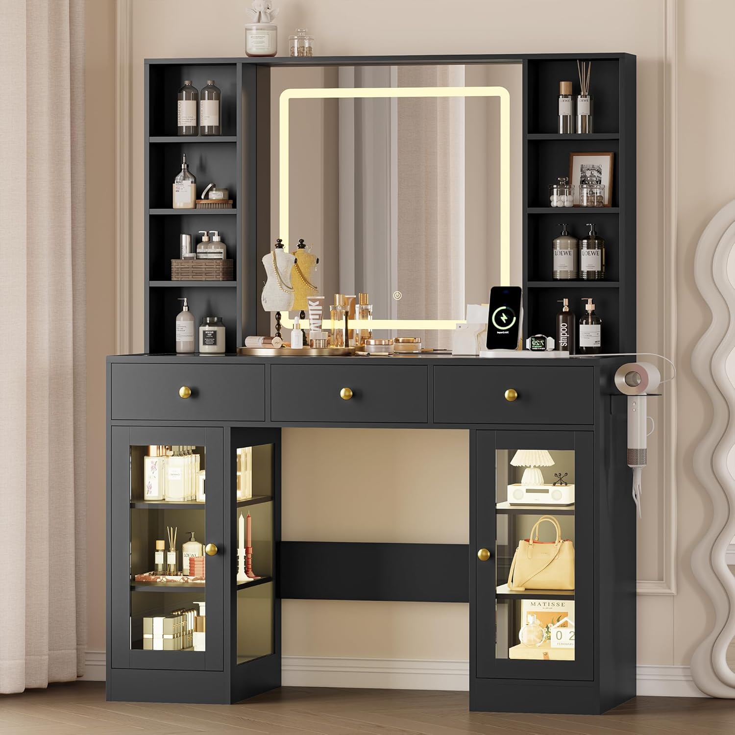 Makeup Vanity Desk with Mirror and Lights, 43' Black Vanity with Glass Top, Jewelry Storage, 3 Drawers & Glass Cabinets, Power Outlet & Adjustable LED Lights, Dressing Table for Women & Girls Bedroom