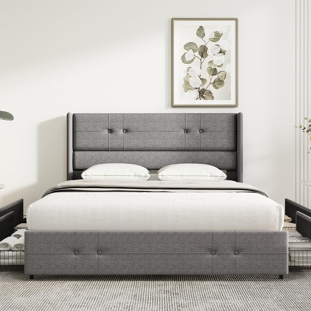 Novilla Upholstered Queen Size Bed Frame Platform with 4 Storage Drawers and Fabric Headboard, Non-Slip and Noise-Free Queen Bed Frame, Strong Wooden Slats, No Box Spring Needed, Grey