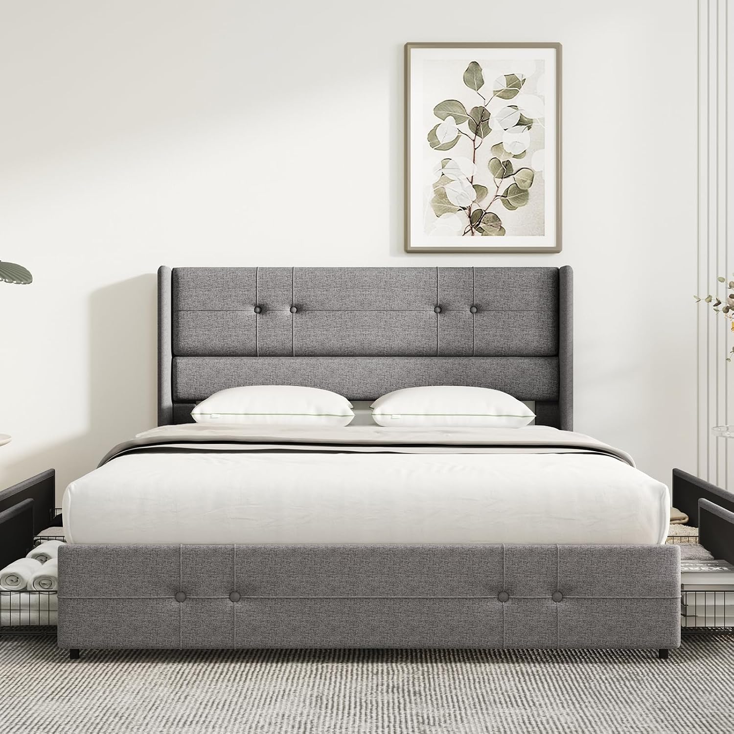 Novilla Upholstered Queen Size Bed Frame Platform with 4 Storage Drawers and Fabric Headboard, Non-Slip and Noise-Free Queen Bed Frame, Strong Wooden Slats, No Box Spring Needed, Grey