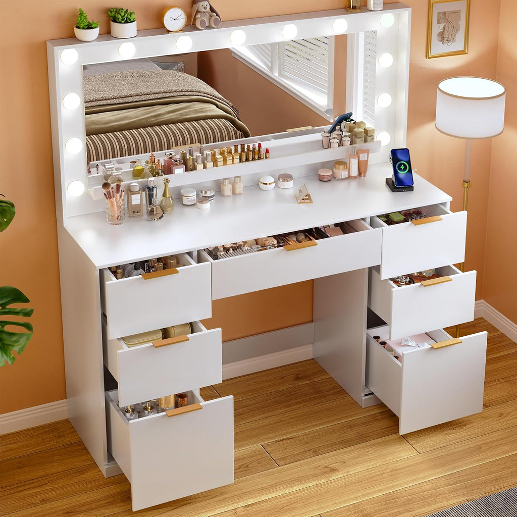 ALEXNUTRE Vanity Desk with Mirror and Lights, 45.3in Makeup Vanity with 7 Drawers & Large Mirror, White Vanity with 3-Color Adjustable Lighting & Charging Station, Make Up Vanity for Bedroom