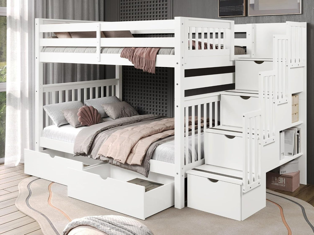 Bedz King Stairway Bunk Beds Full Over Full, 4 Step Drawers, 2 Storage Drawers, White