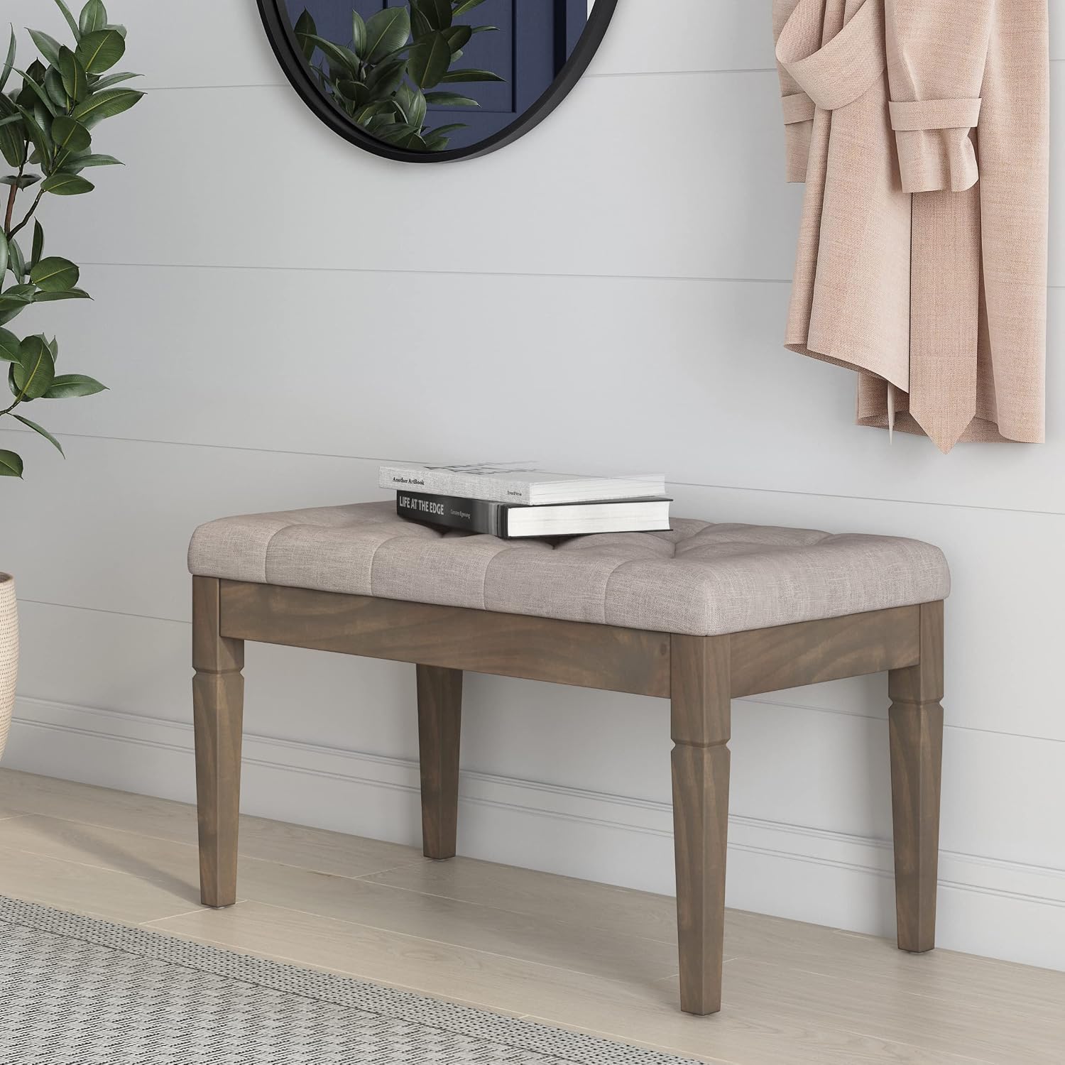 SIMPLIHOME Waverly Small Tufted Ottoman Bench - 28 inch Wide Upholstered Linen Look Fabric Rectangle Footstool Ottoman in Natural, Traditional Bench for Bedroom or Living Room with Carved Legs
