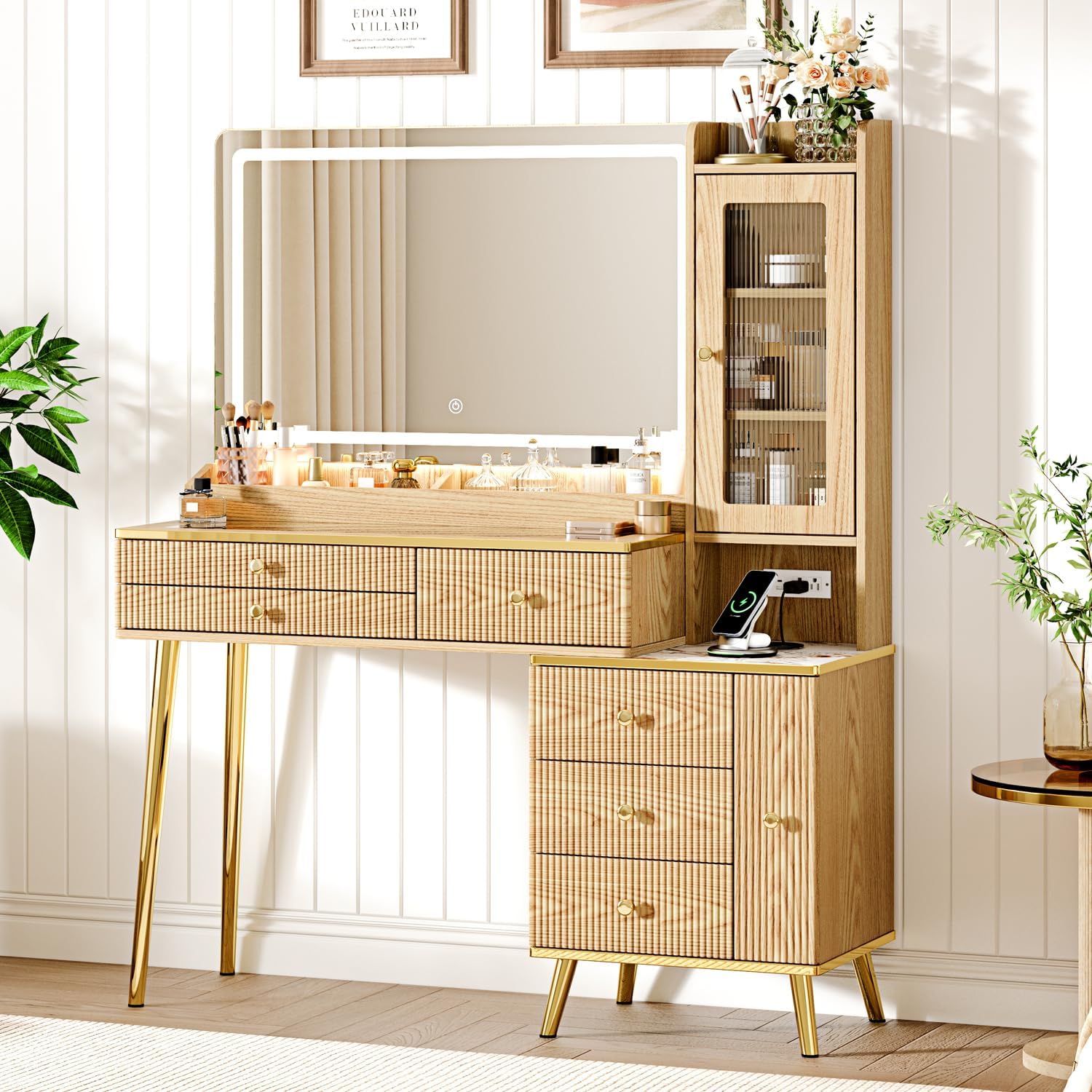 Arulvmrn Vanity Desk with 35.12' HD Lighted Mirror, 46.85' Big Modern Vanity Desk with Mirror and Lights, Makeup Vanity with 7 Drawers and Storage Shelves and Charging Station, Oak