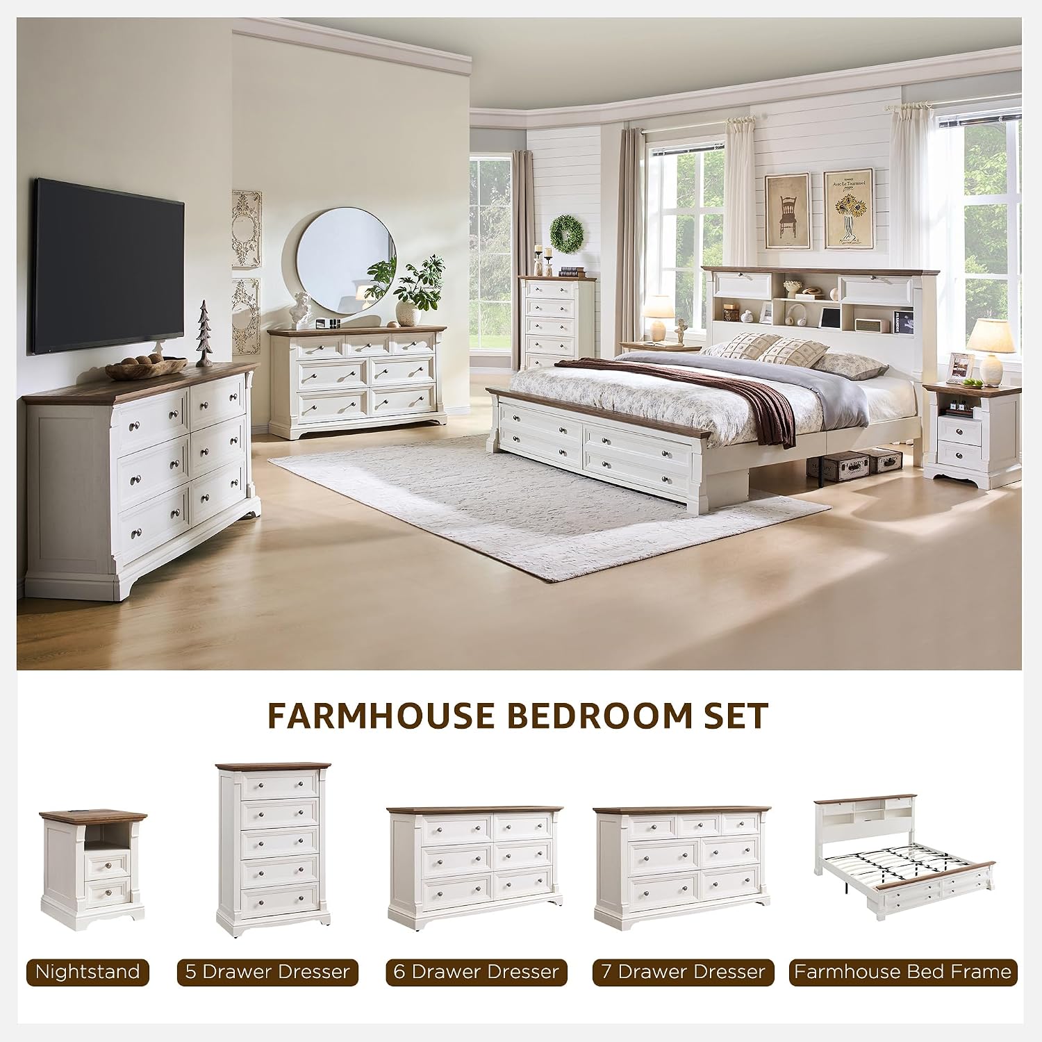 T4TREAM Farmhouse 7 Drawers Dresser for Bedroom, 54' Wide Wood Rustic Chest of Drawers w/Roman Column, Wooden Storage Dressers Organizer for Bedroom, Living Room, Closet, Antique White
