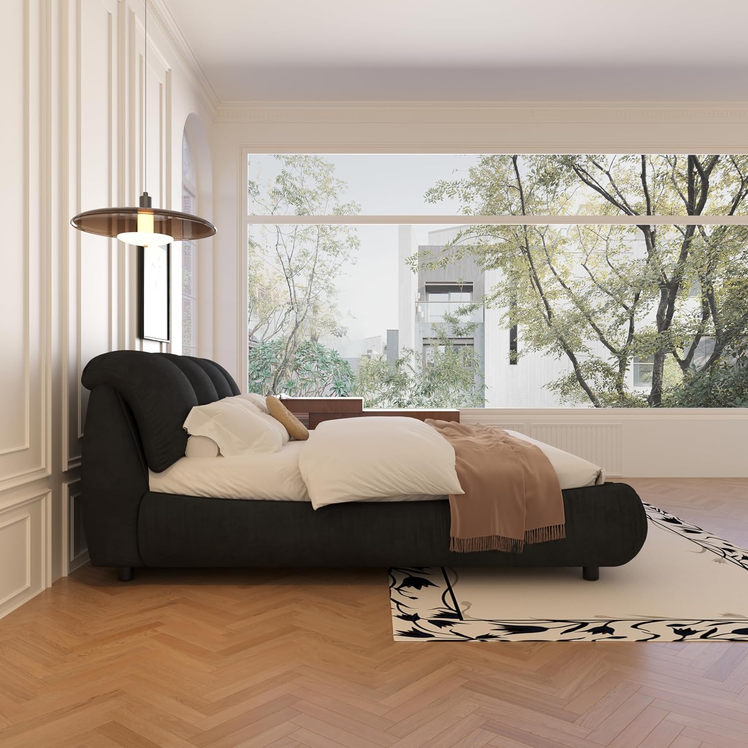 KEIKI Queen Size Upholstered Platform Bed with Oversized Padded Backrest,Thickening Pinewooden Slats and Metal Leg,Black
