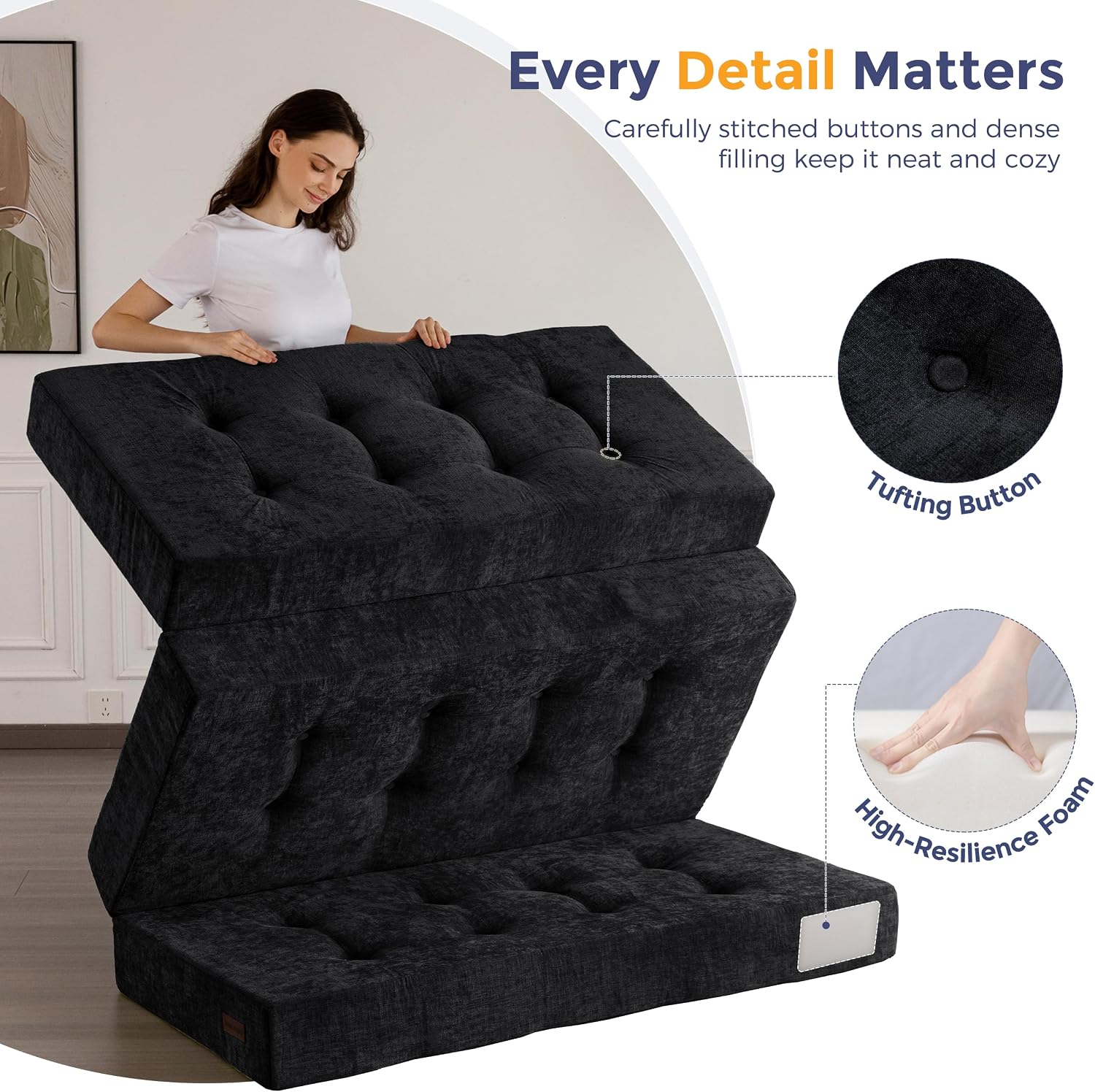 MAXYOYO 6' Folding Sofa Bed for Floor, Tufted Tri-Fold Floor Mattress with Chenille Fabric, Full Size Portable Sofa Couch Guest Mat for Adults, Foldable Topper for Camping, Black, 53'x75'