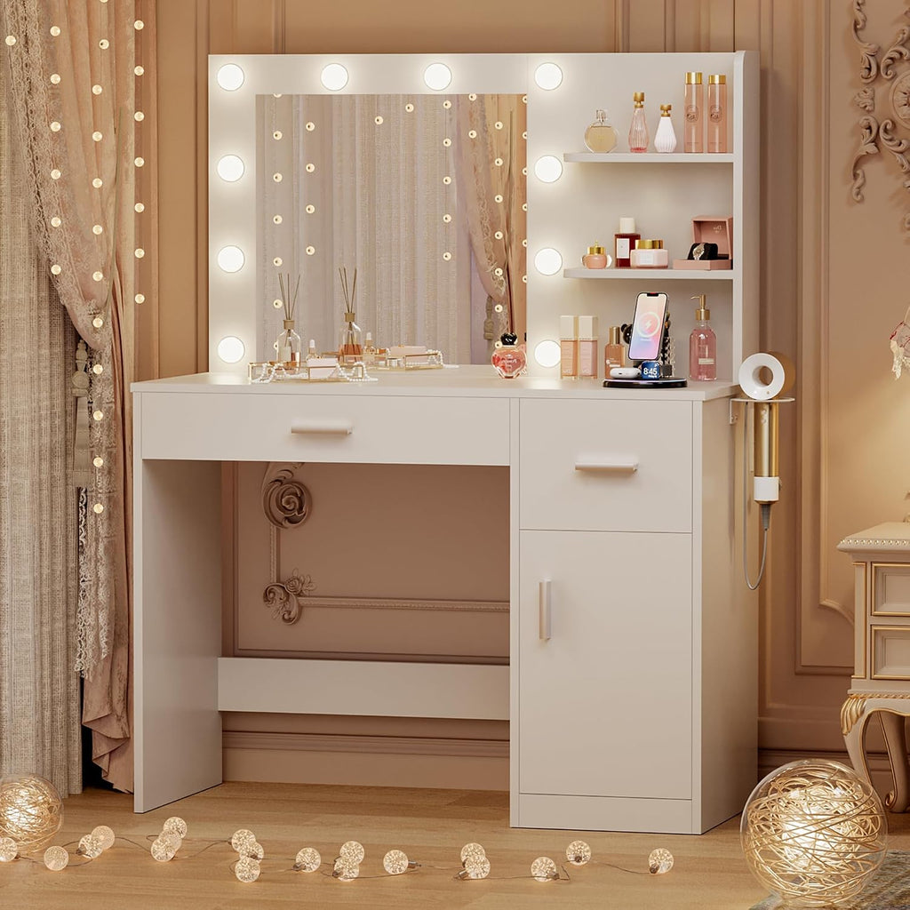 JUMMICO 35.4' Vanity Desk with Mirror and Lights - LED Makeup Vanity Table with Charging Station, 3 Color Adjustable Lights, 3 Drawers & Large Cabinet with Shelves for Bedroom Dressing Room (White)