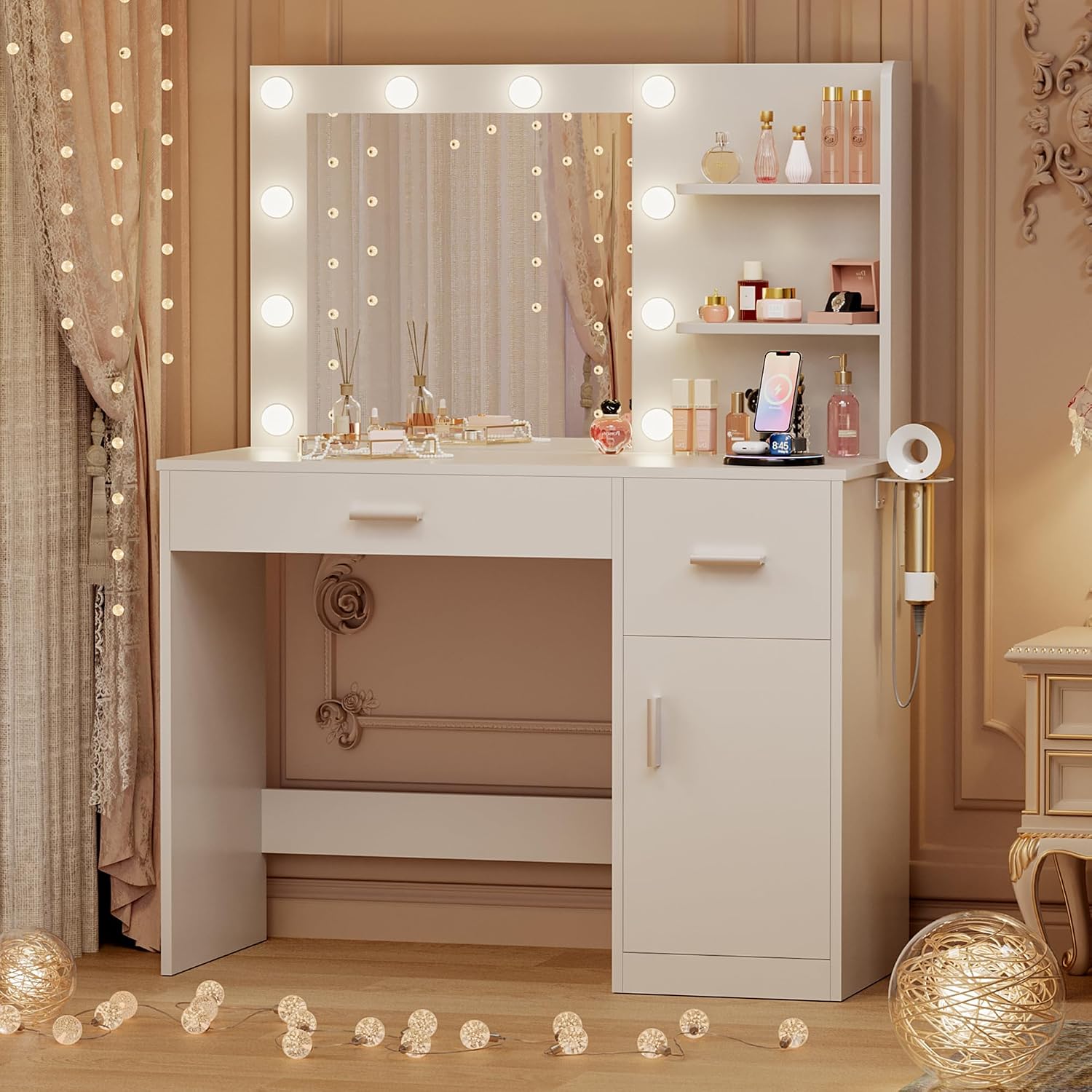 JUMMICO 35.4' Vanity Desk with Mirror and Lights - LED Makeup Vanity Table with Charging Station, 3 Color Adjustable Lights, 3 Drawers & Large Cabinet with Shelves for Bedroom Dressing Room (White)