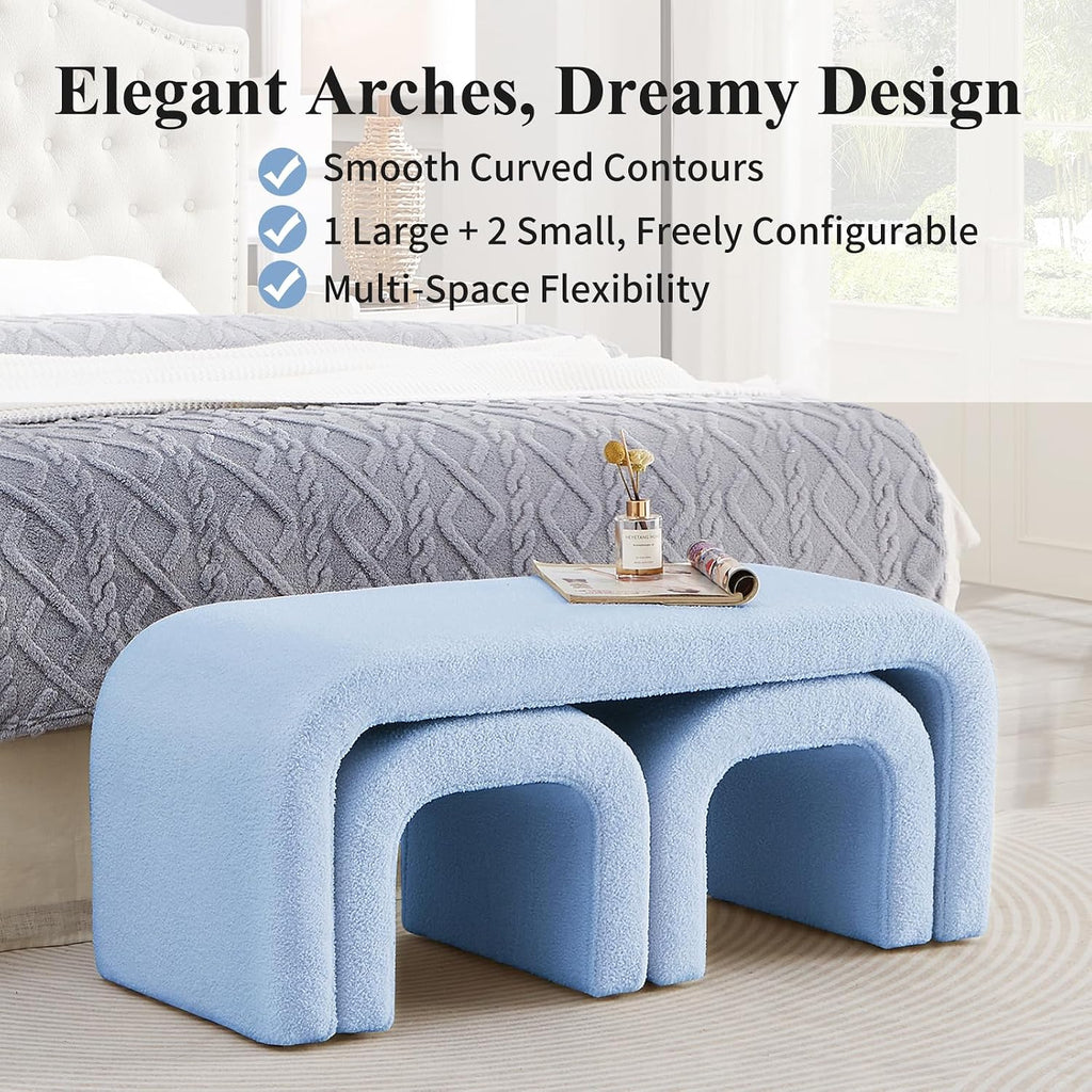 3-Piece Modern Ottoman Bench Set, 44' Wide Teddy Upholstered End of Bed Bench with 2 Foot Stools, Padded U-Shaped Entry Bench Vanity Stool for Living Room Bedroom (Light Blue)