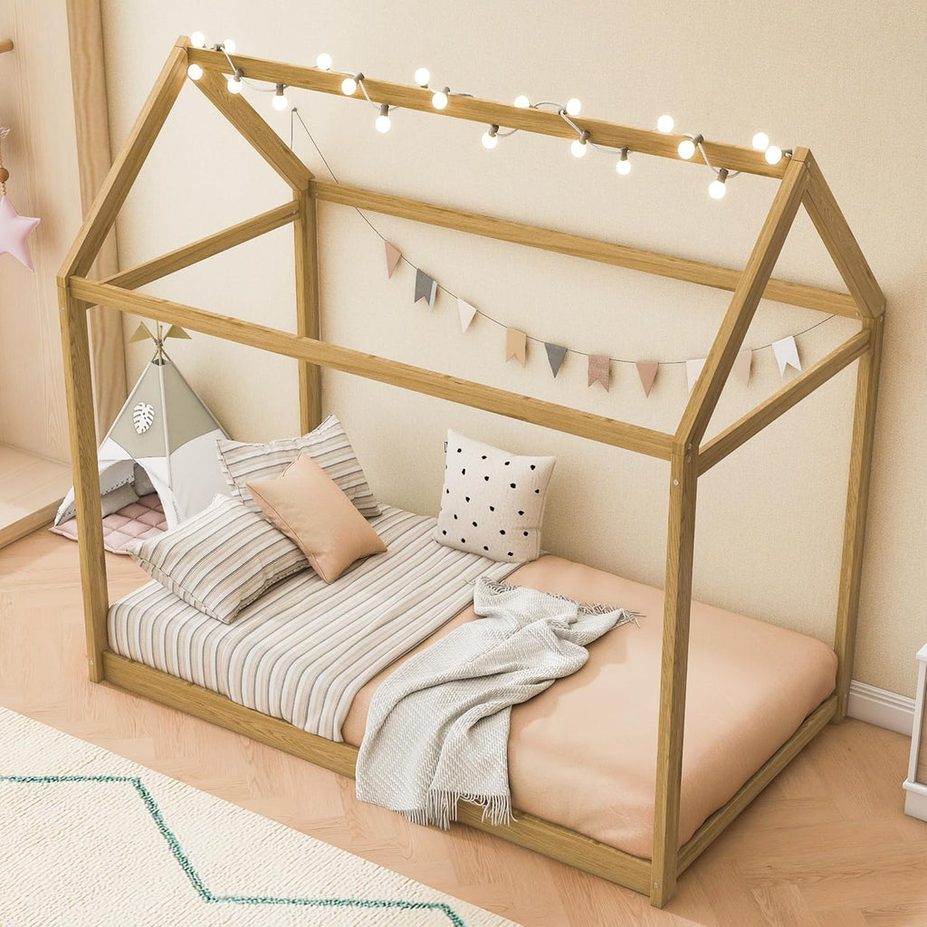 Merax Wooden House Bed, Floor Bed with Light,Twin Size,Wood Color