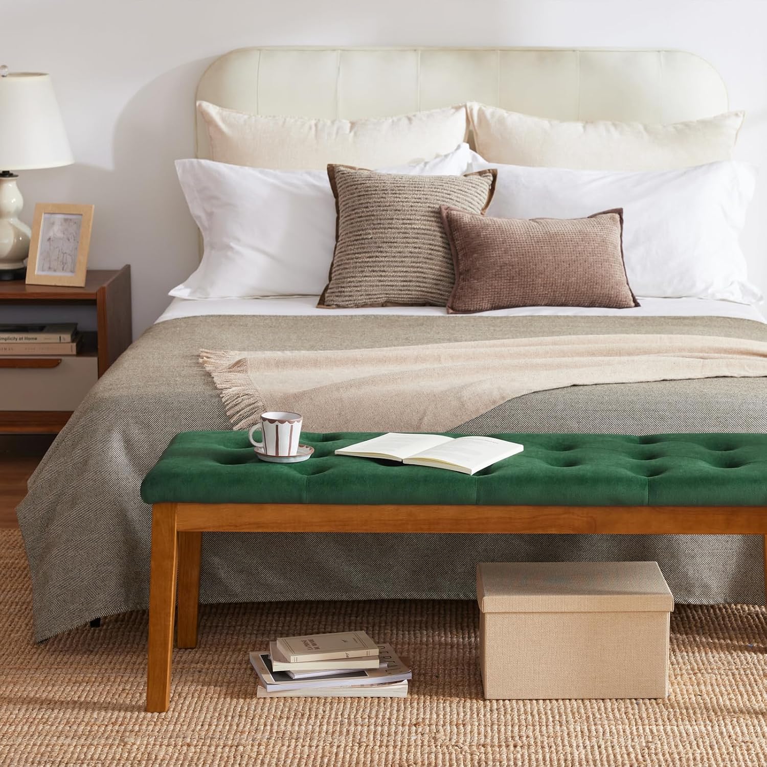 Ottoman Bench Upholstered Padded Seat with Solid Wood Legs and Button-Tufted, Big Oversized Ottoman, Velvet Green