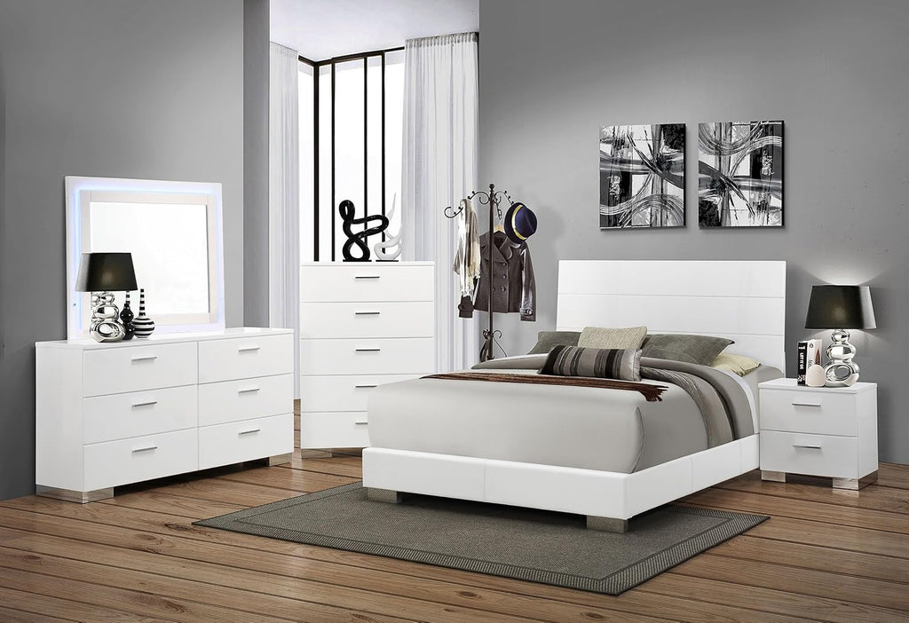 Coaster Home Furnishings Felicity Contemporary 5-Piece Bedroom Set California King Size Panel Bed Frame 51-inch Headboard White High Gloss 203501KW-S5L