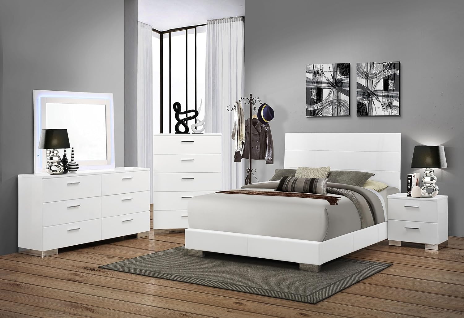 Coaster Home Furnishings Felicity Contemporary 5-Piece Bedroom Set California King Size Panel Bed Frame 51-inch Headboard White High Gloss 203501KW-S5L
