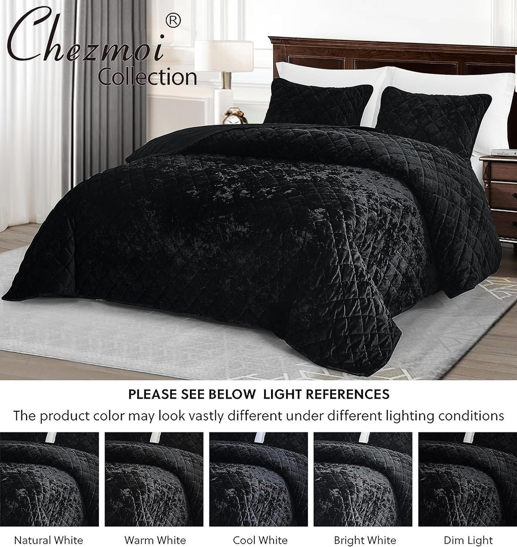 Chezmoi Collection Lux Black Velvet Quilt Oversized King Set, 3-Piece Plush Distressed Velvet Bedding All Season Lightweight Comforter Brushed Microfiber Reverse with Diamond Stitch Quilting