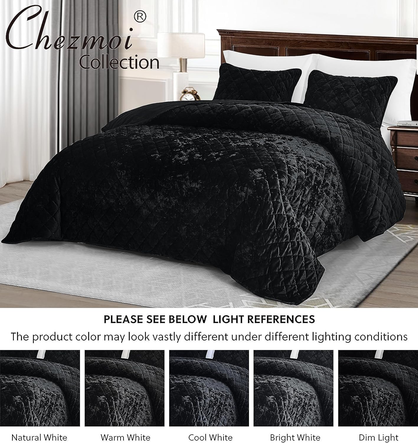 Chezmoi Collection Lux Black Velvet Quilt Oversized King Set, 3-Piece Plush Distressed Velvet Bedding All Season Lightweight Comforter Brushed Microfiber Reverse with Diamond Stitch Quilting