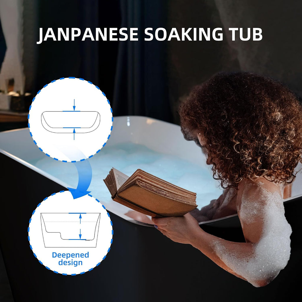 WOODBRIDGE 48' Acrylic Freestanding Square Shape Janpanese Soaking Tub with Pre-molded Seat and Oil-Rubbed Bronze Pop-UP Drain and Overflow Option, Black, B1870-ORB