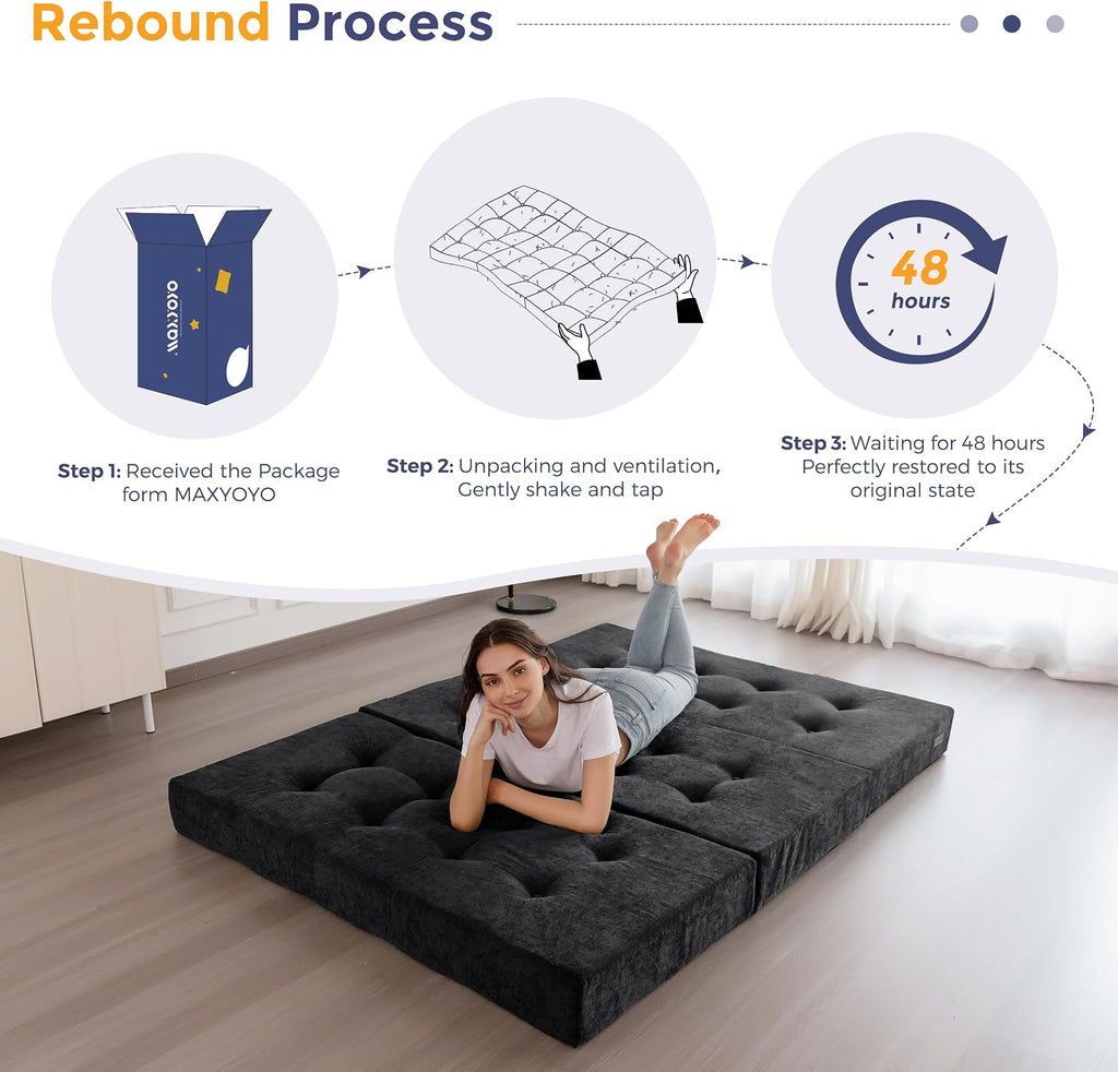 MAXYOYO 6' Folding Sofa Bed for Floor, Tufted Tri-Fold Floor Mattress with Chenille Fabric, Queen Size Portable Sofa Couch Guest Mat for Adults, Foldable Topper for Camping, Black, 59'x78.7'