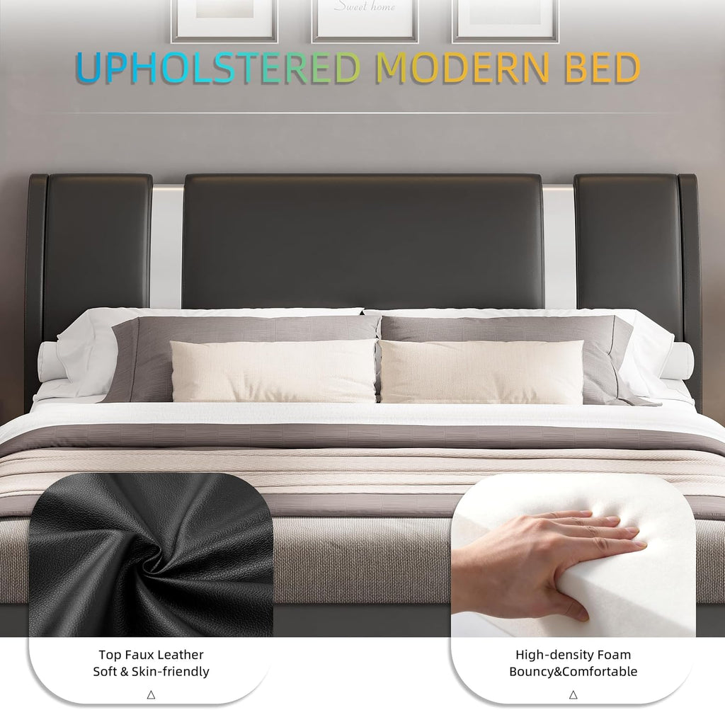 Keyluv Modern Faux Leather Upholstered Platform Bed Frame with Metal Decoration Headboard, Wooden Slats Support, No Box Spring Needed, Queen Size, Black
