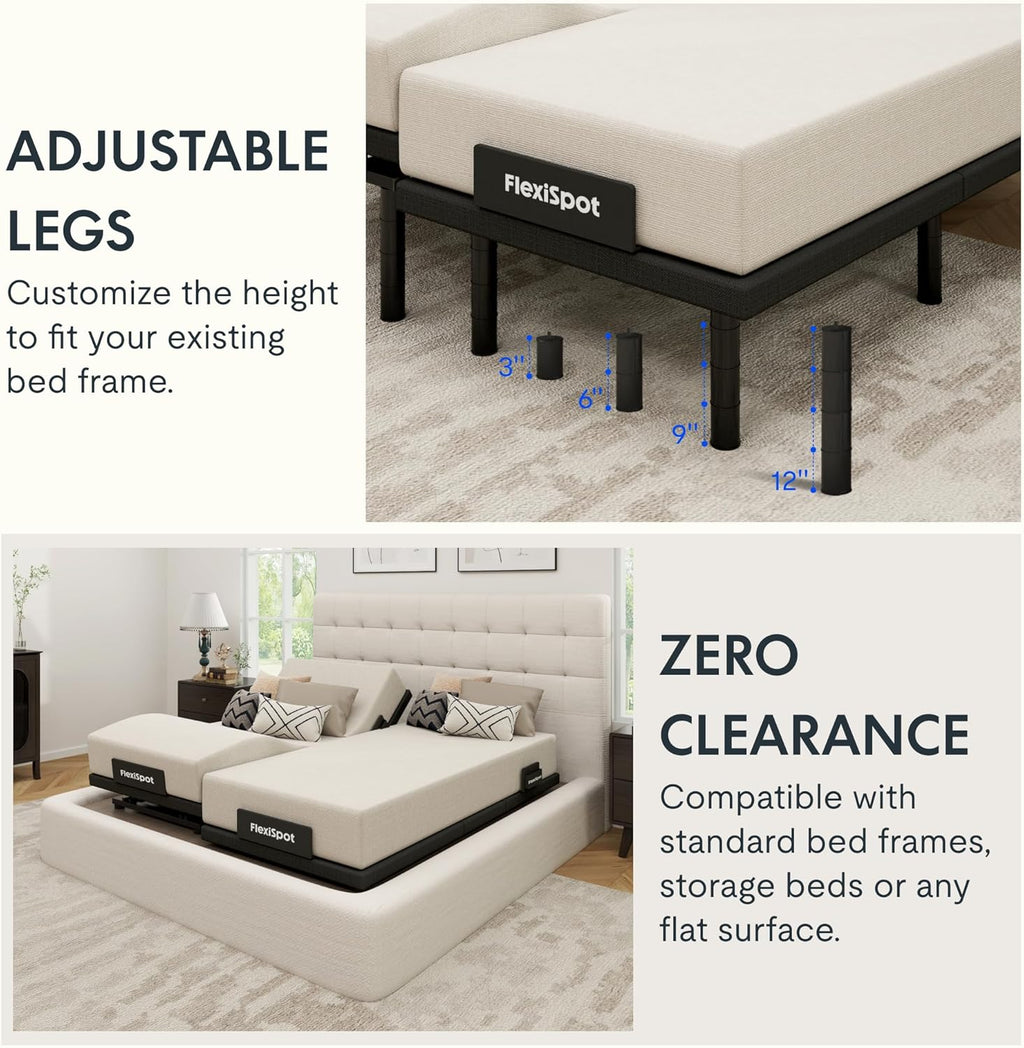 FLEXISPOT Adjustable Bed Frame Base Split King,Massage, Zero Clearance, Synchronized Adjustment,Whisper Quiet Durable Motor,Zero Gravity,Mattress Holders.