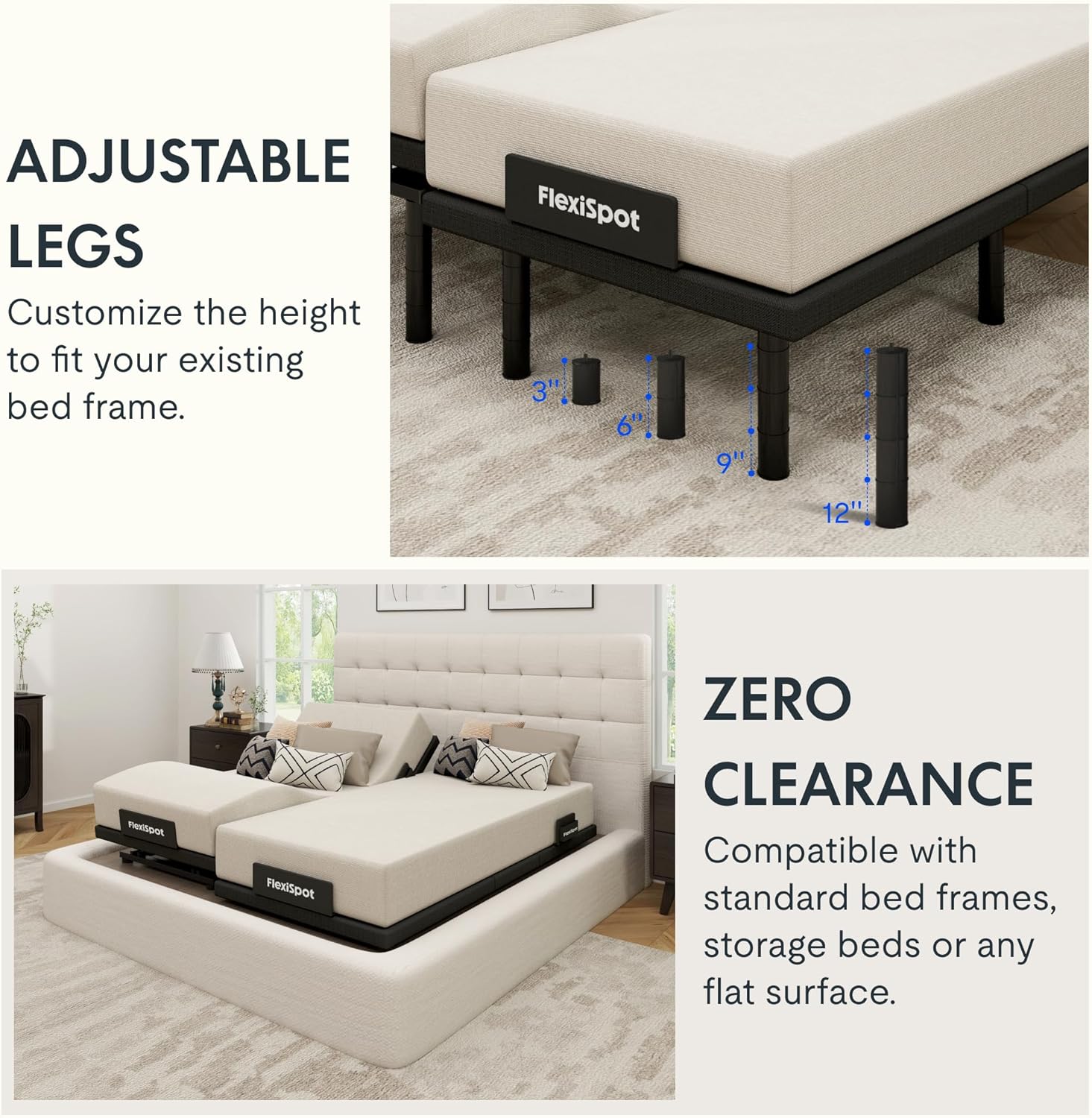 FLEXISPOT Adjustable Bed Frame Base Split King,Massage, Zero Clearance, Synchronized Adjustment,Whisper Quiet Durable Motor,Zero Gravity,Mattress Holders.