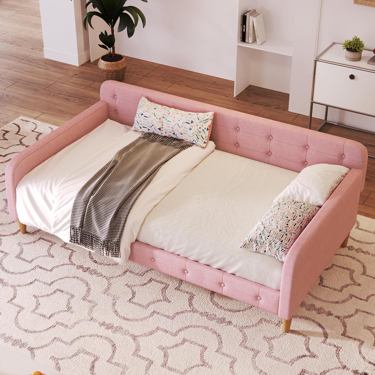 Merax 79' Twin Size Linen Upholstered Daybed with 4 Wood Legs, Pink