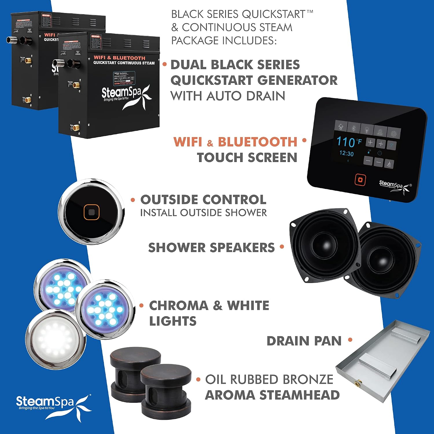 Generator with Quick Start Continuous Steam Technology, Wi-Fi, Bluetooth and Autodrain | 18kW Steam Generator with Oil Rubbed Bronze Steam Head with Aromatherapy Reservoir | RVB1800ORB-A