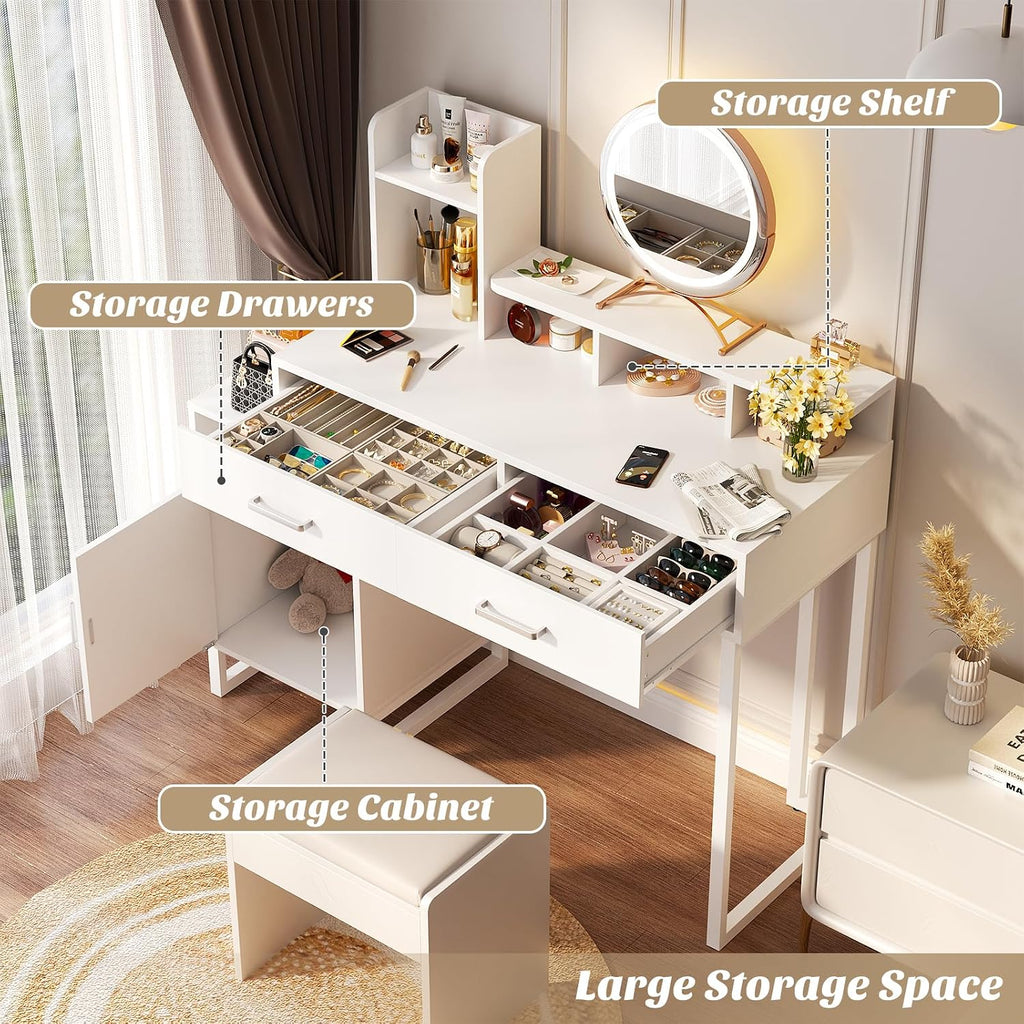 Besiost Vanity Desk, Small Vanity Desk with Power Outlet, Makeup Desk with Drawers and Cabinets, Vanity Set with Storage Shelves for Bedroom, No Mirror, White