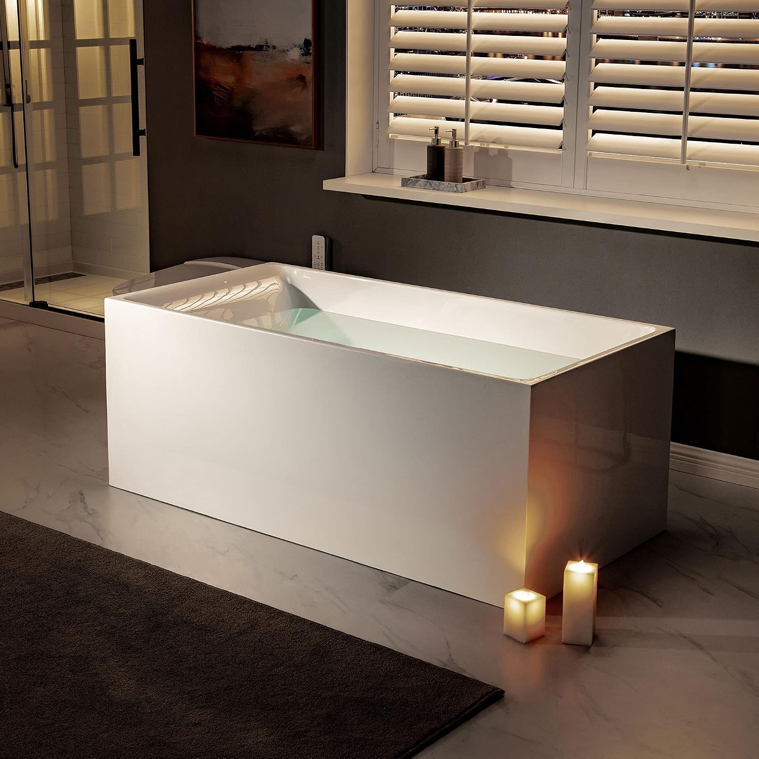 WOODBRIDGE 59' Acrylic Freestanding Bathtub Contemporary Soaking White Tub with Brushed Gold Overflow and Drain，BTA0081-BG-Drain&O