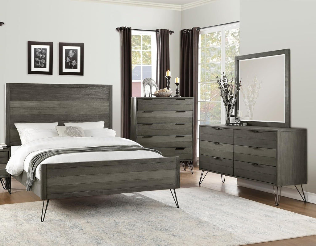 4-Pieces Bed Set Contemporary Style Queen Size Panel Bed Multi Gray Finish Solid Acacia Wood Bedroom Furniture